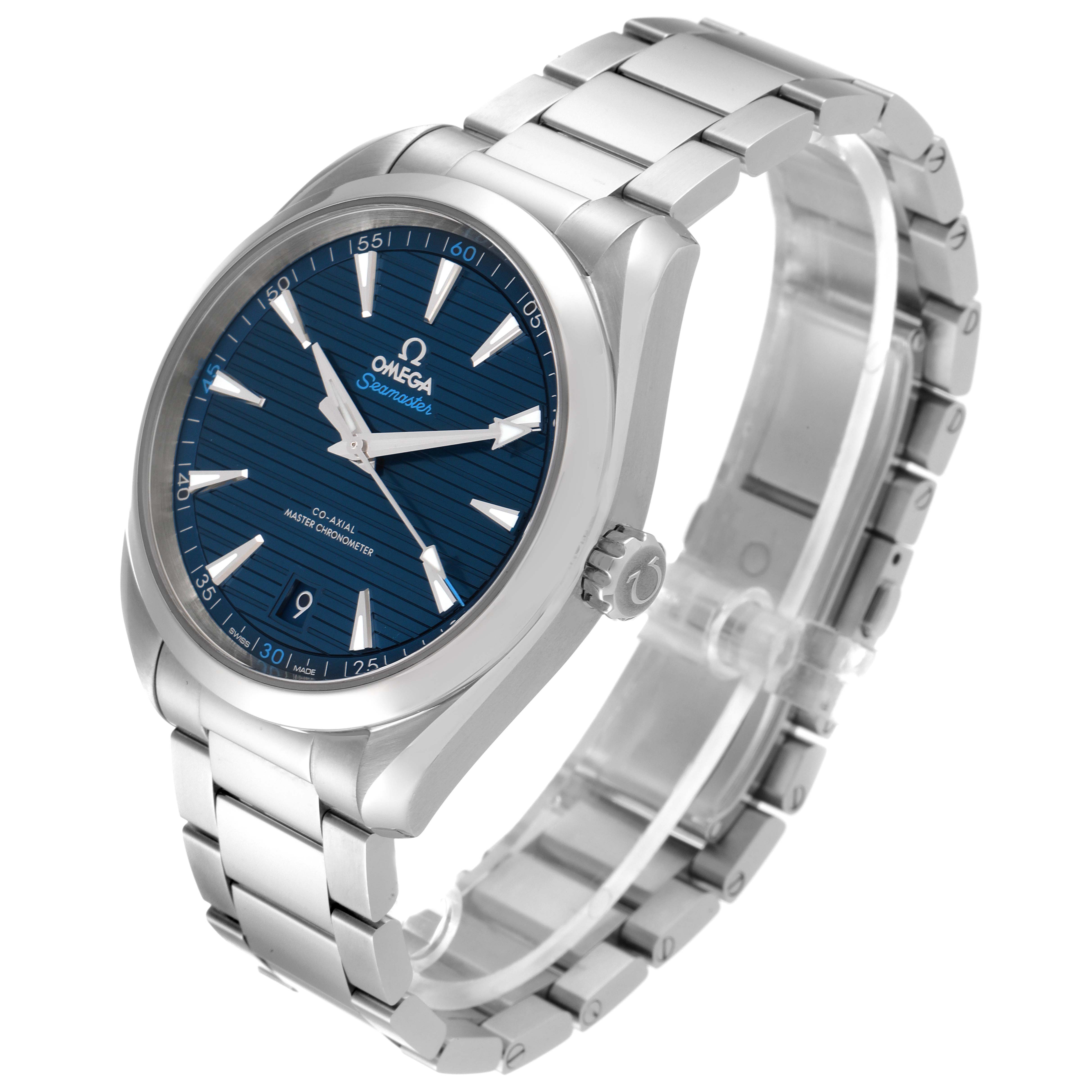 The image shows an Omega Aqua Terra 220.10.41.21.03.001 Men's Stainless Steel Blue Dial 220.10.41.21.03.001 Men's Stainless Steel Blue Dial watch at a slight angle, highlighting the bracelet, blue dial, and crown.