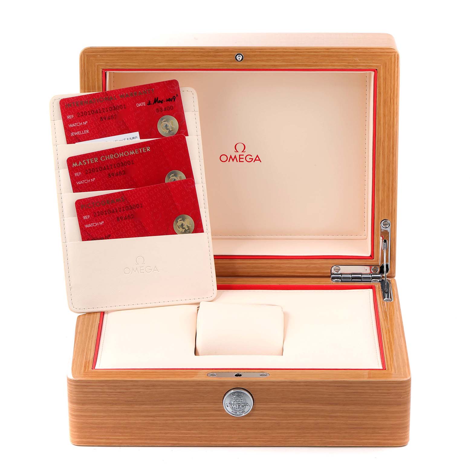 The image shows an open Omega Aqua Terra 220.10.41.21.03.001 Men's Stainless Steel Blue Dial 220.10.41.21.03.001 Men's Stainless Steel Blue Dial watch box with display cards in a leather pouch.