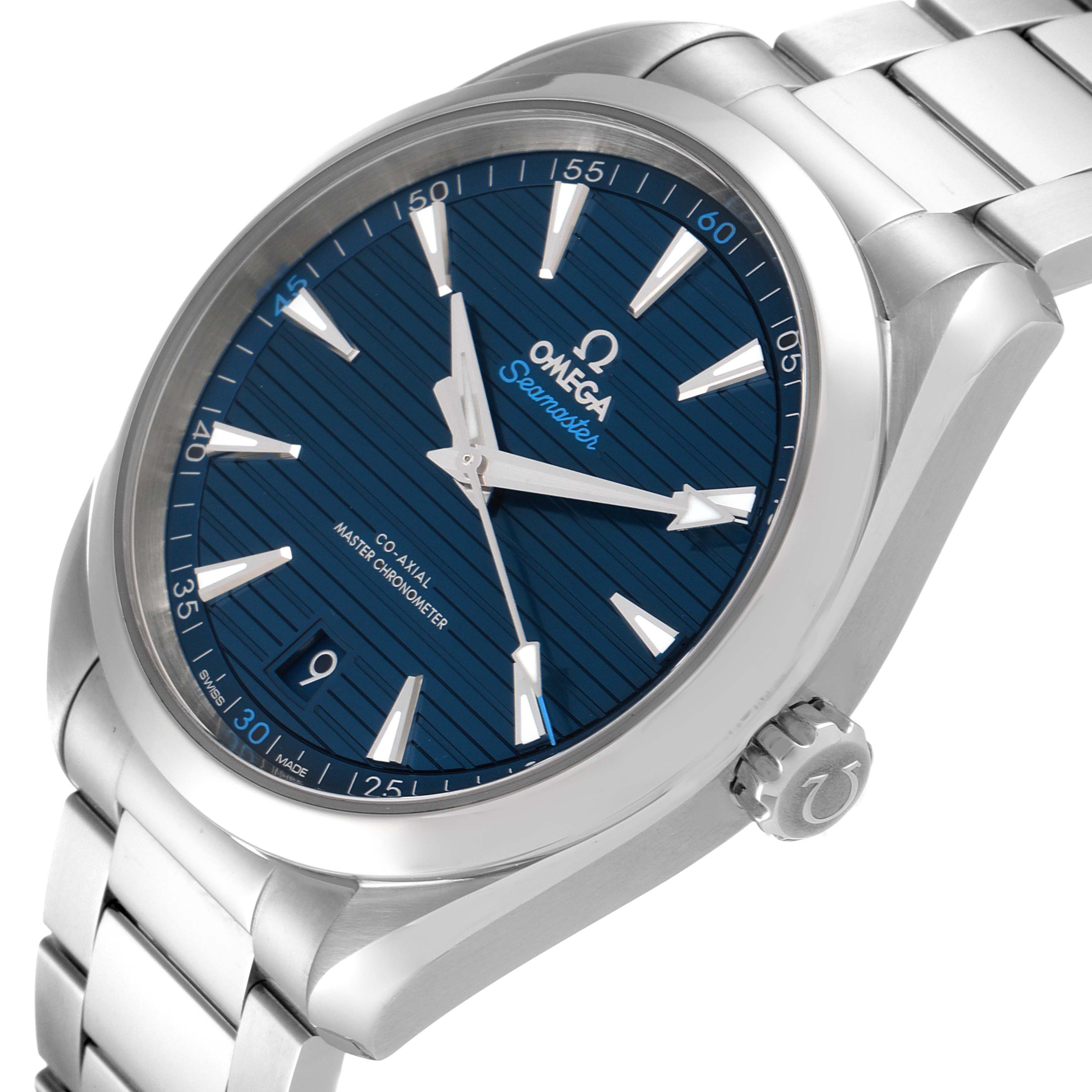 The Omega Aqua Terra 220.10.41.21.03.001 Men's Stainless Steel Blue Dial 220.10.41.21.03.001 Men's Stainless Steel Blue Dial watch is shown at a slight angle displaying its blue dial, crown, and stainless steel bracelet.