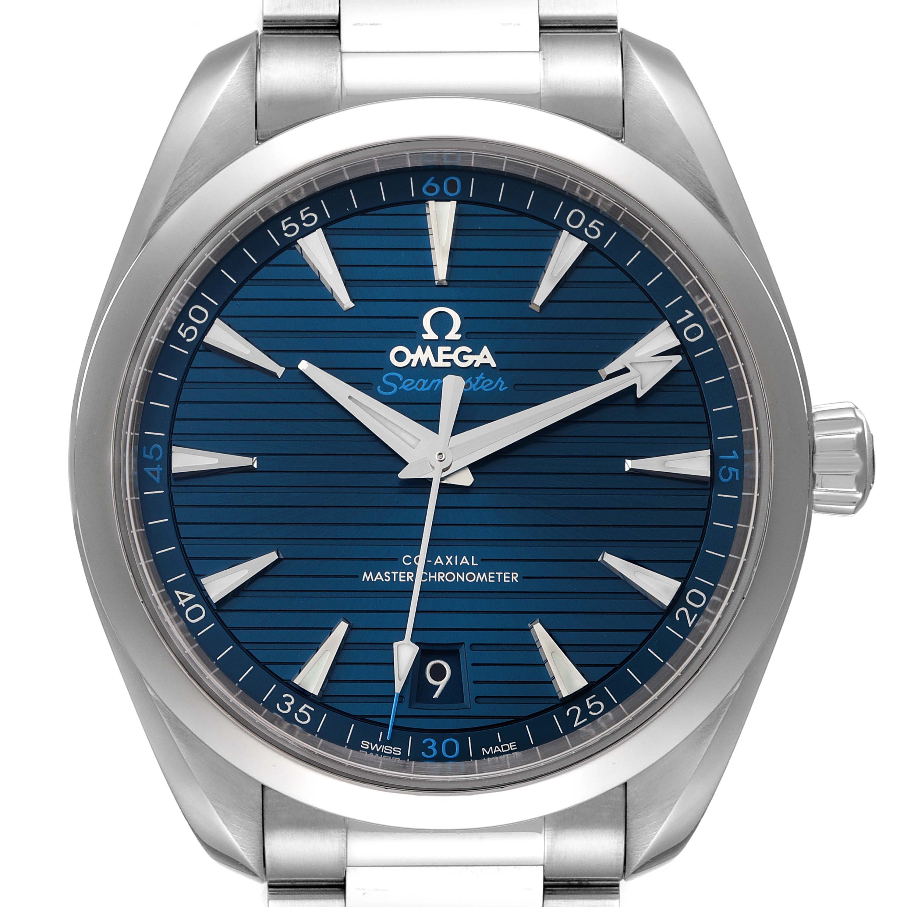 The image shows a front view of the Omega Aqua Terra 220.10.41.21.03.001 Men's Stainless Steel Blue Dial 220.10.41.21.03.001 Men's Stainless Steel Blue Dial watch, highlighting the dial, hands, and bezel.