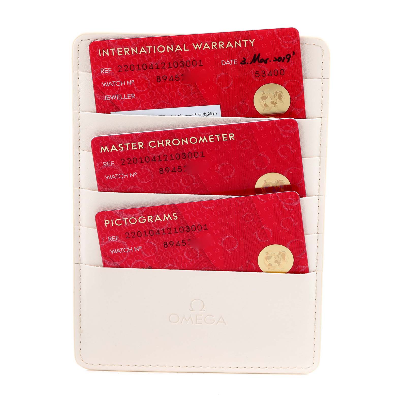 The image shows warranty cards in a holder for the Omega Aqua Terra 220.10.41.21.03.001 Men's Stainless Steel Blue Dial 220.10.41.21.03.001 Men's Stainless Steel Blue Dial model.