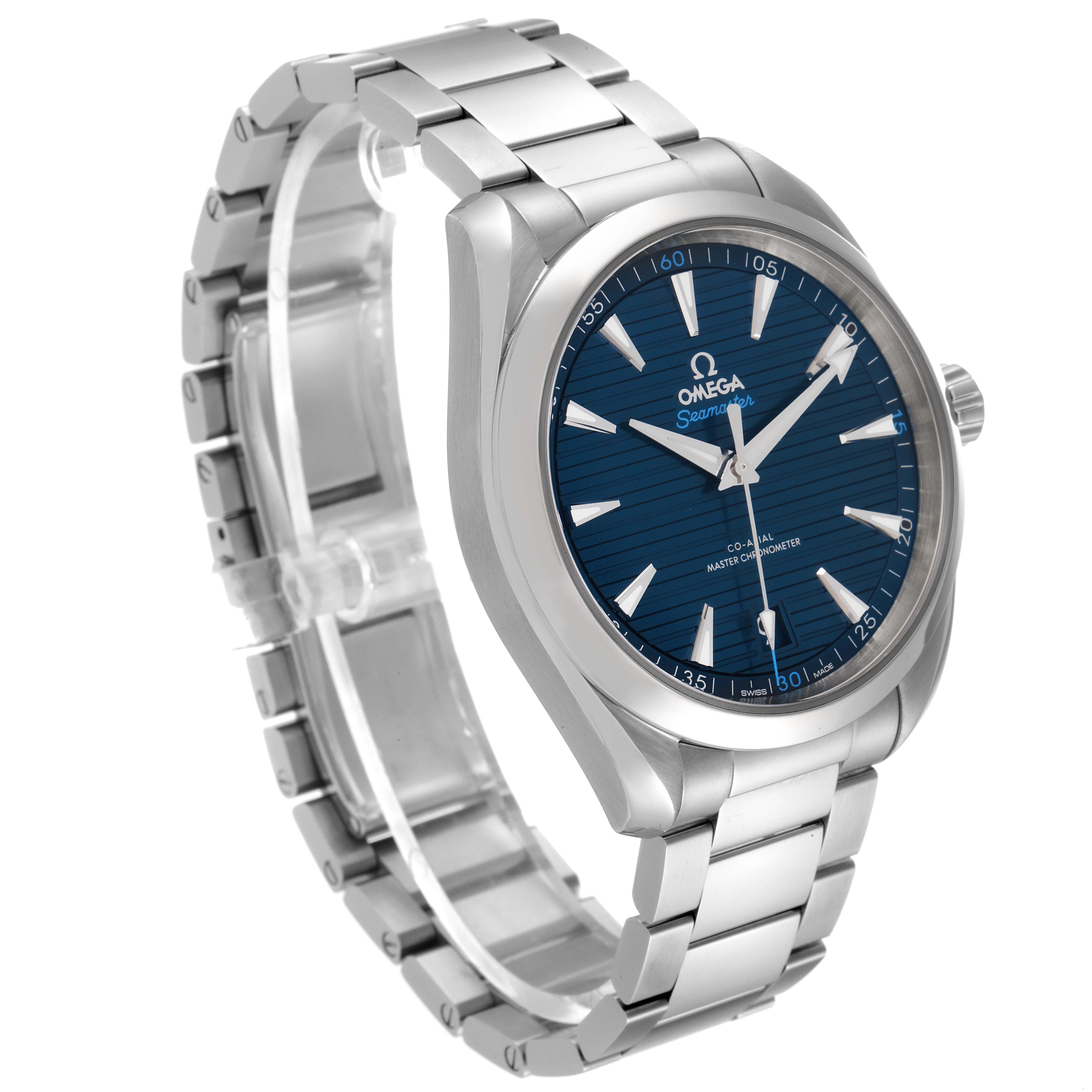 The Omega Aqua Terra 220.10.41.21.03.001 Men's Stainless Steel Blue Dial 220.10.41.21.03.001 Men's Stainless Steel Blue Dial watch is shown at a slight angle, clearly displaying its blue dial and stainless steel bracelet.