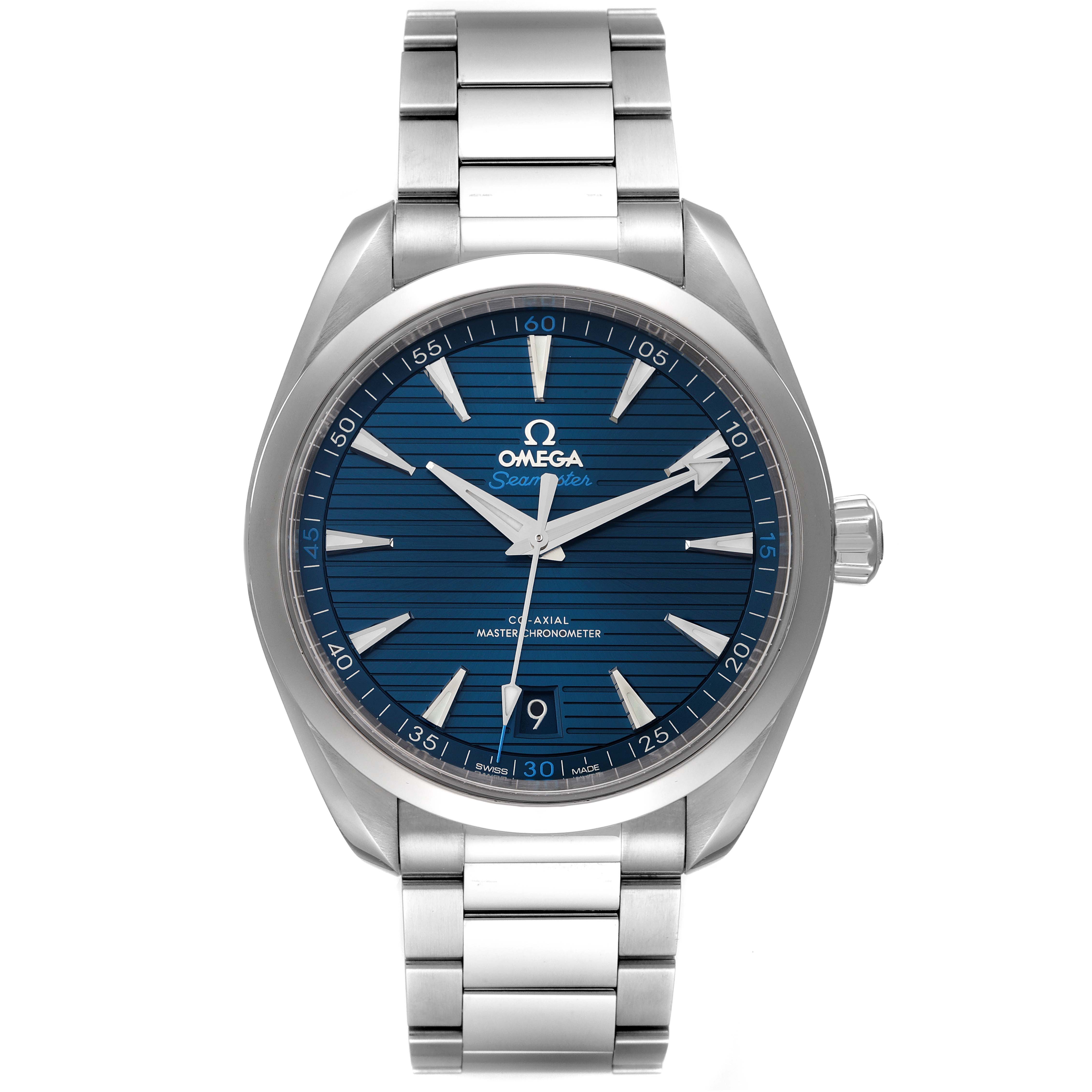 The image shows a front view of the Omega Aqua Terra 220.10.41.21.03.001 Men's Stainless Steel Blue Dial 220.10.41.21.03.001 Men's Stainless Steel Blue Dial watch, displaying the dial, bracelet, and crown.
