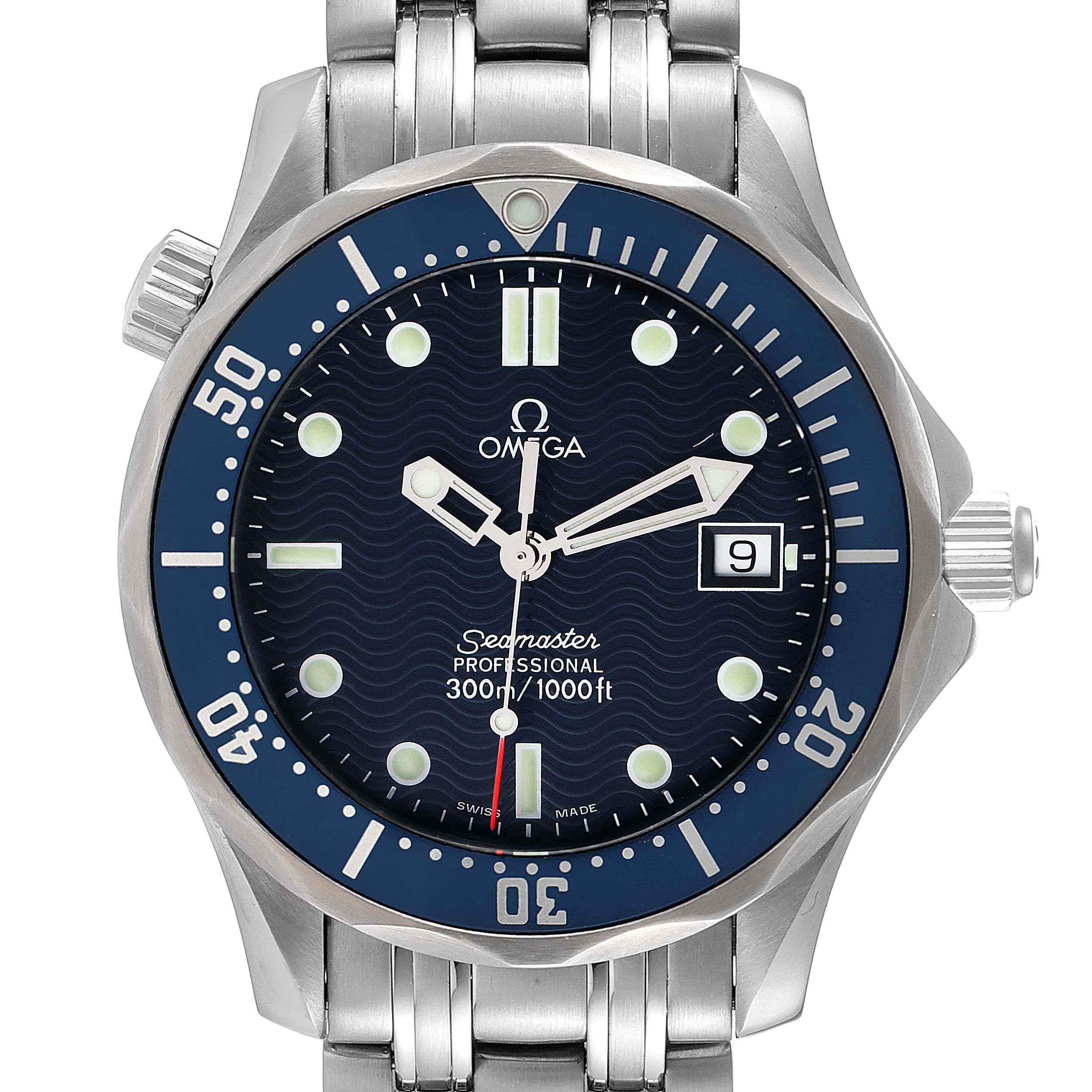 The image shows a front angle of an Omega Seamaster 2561.80.00 Men's Stainless Steel Blue Dial 2561.80.00 Men's Stainless Steel Blue Dial watch, highlighting its dial, bezel, and stainless steel bracelet.