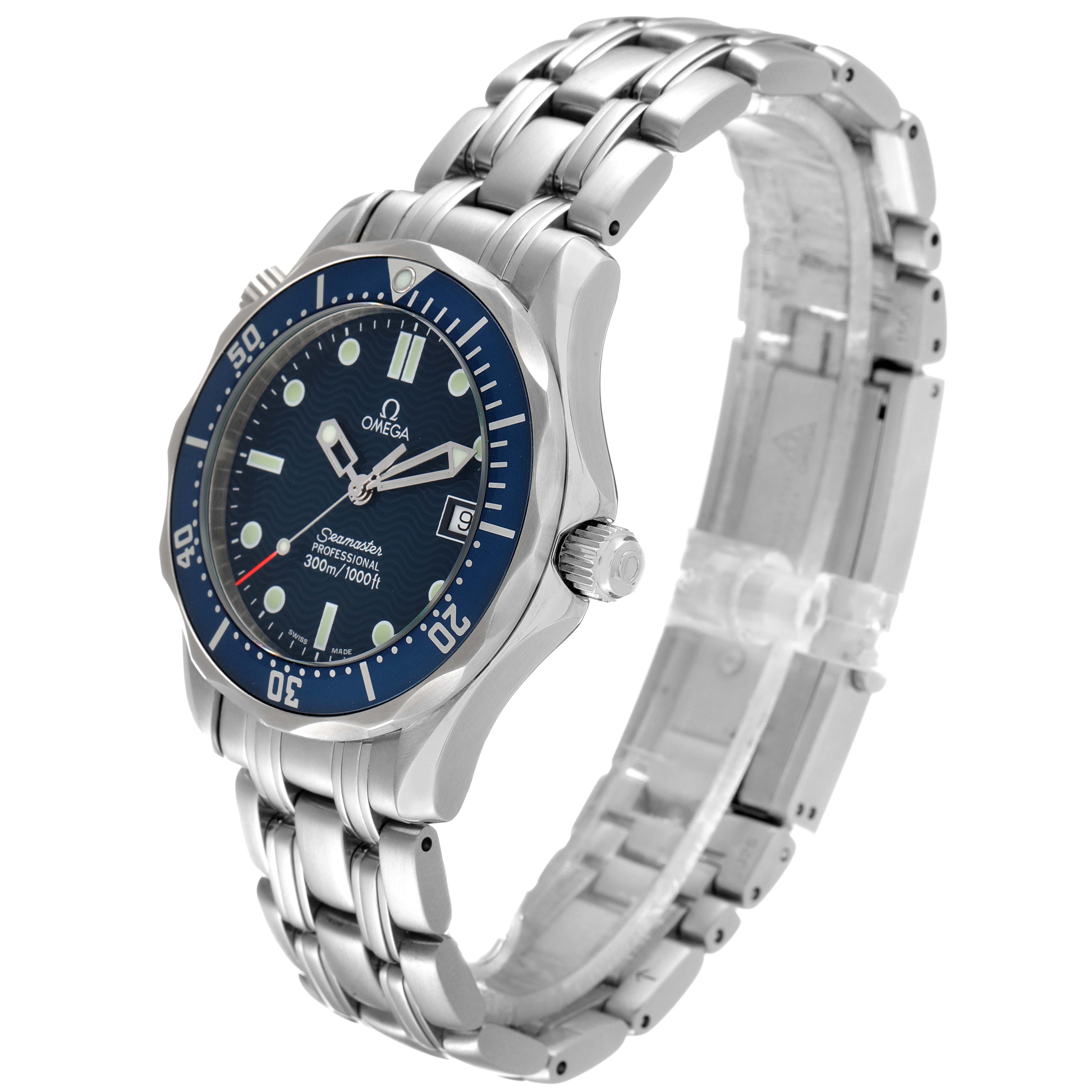 The Omega Seamaster 2561.80.00 Men's Stainless Steel Blue Dial 2561.80.00 Men's Stainless Steel Blue Dial watch is shown at a three-quarter angle, prominently displaying its face, bezel, crown, and bracelet.