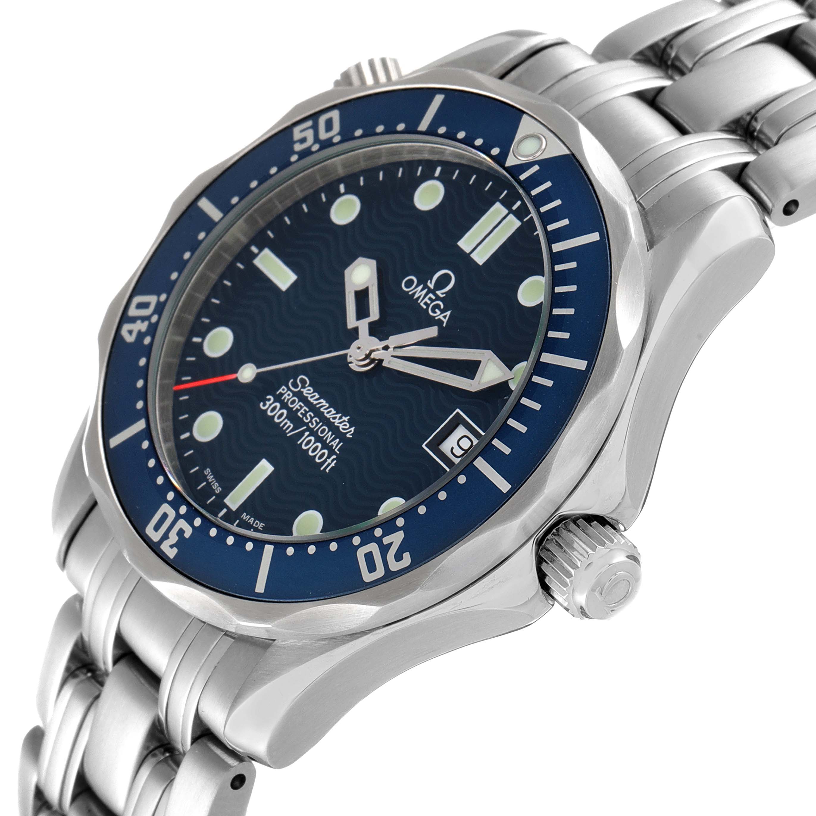 The image shows an Omega Seamaster 2561.80.00 Men's Stainless Steel Blue Dial 2561.80.00 Men's Stainless Steel Blue Dial watch at a three-quarter angle highlighting the dial, bezel, crown, and part of the bracelet.