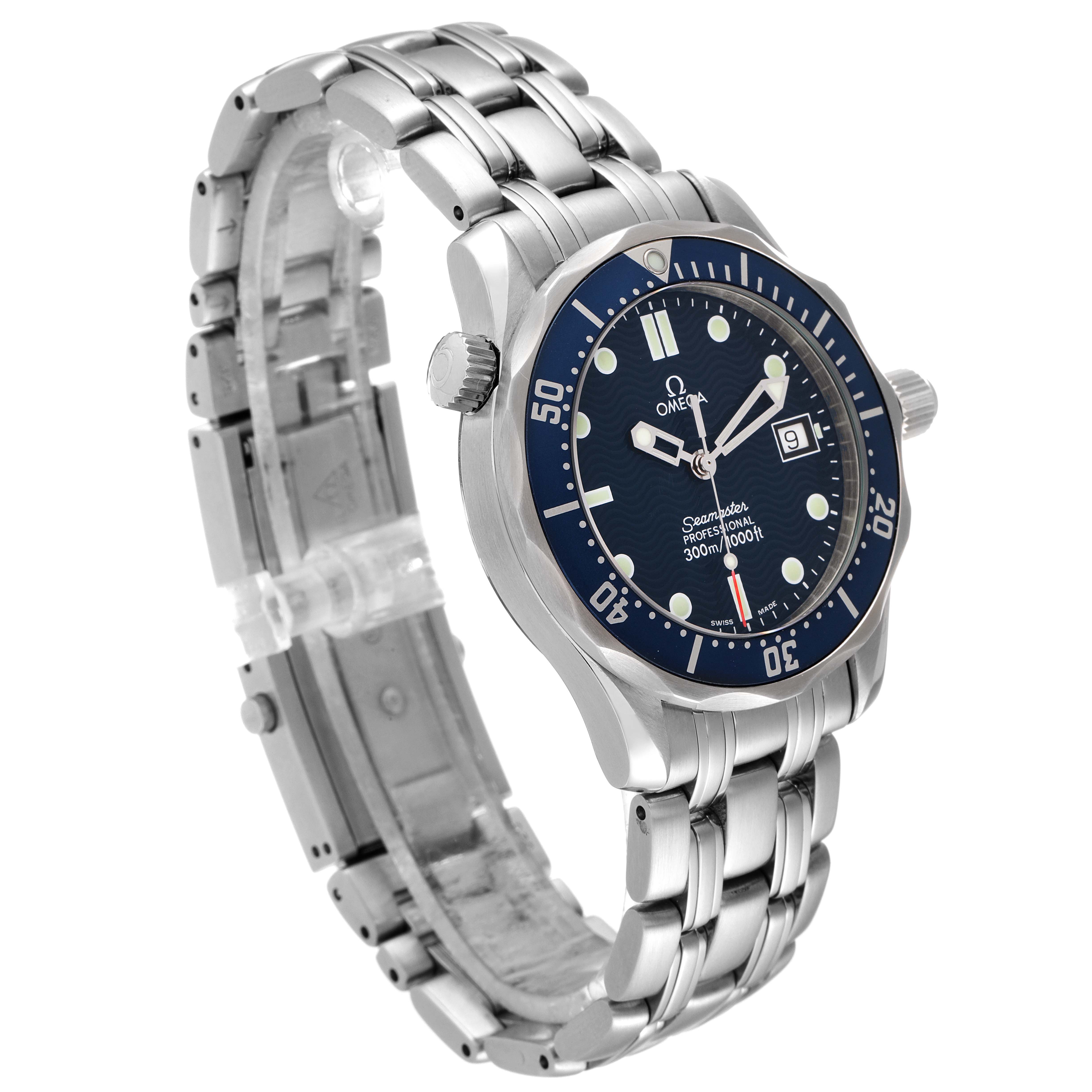 The Omega Seamaster 2561.80.00 Men's Stainless Steel Blue Dial 2561.80.00 Men's Stainless Steel Blue Dial watch is shown at a slight left front angle, highlighting its face and metal bracelet.