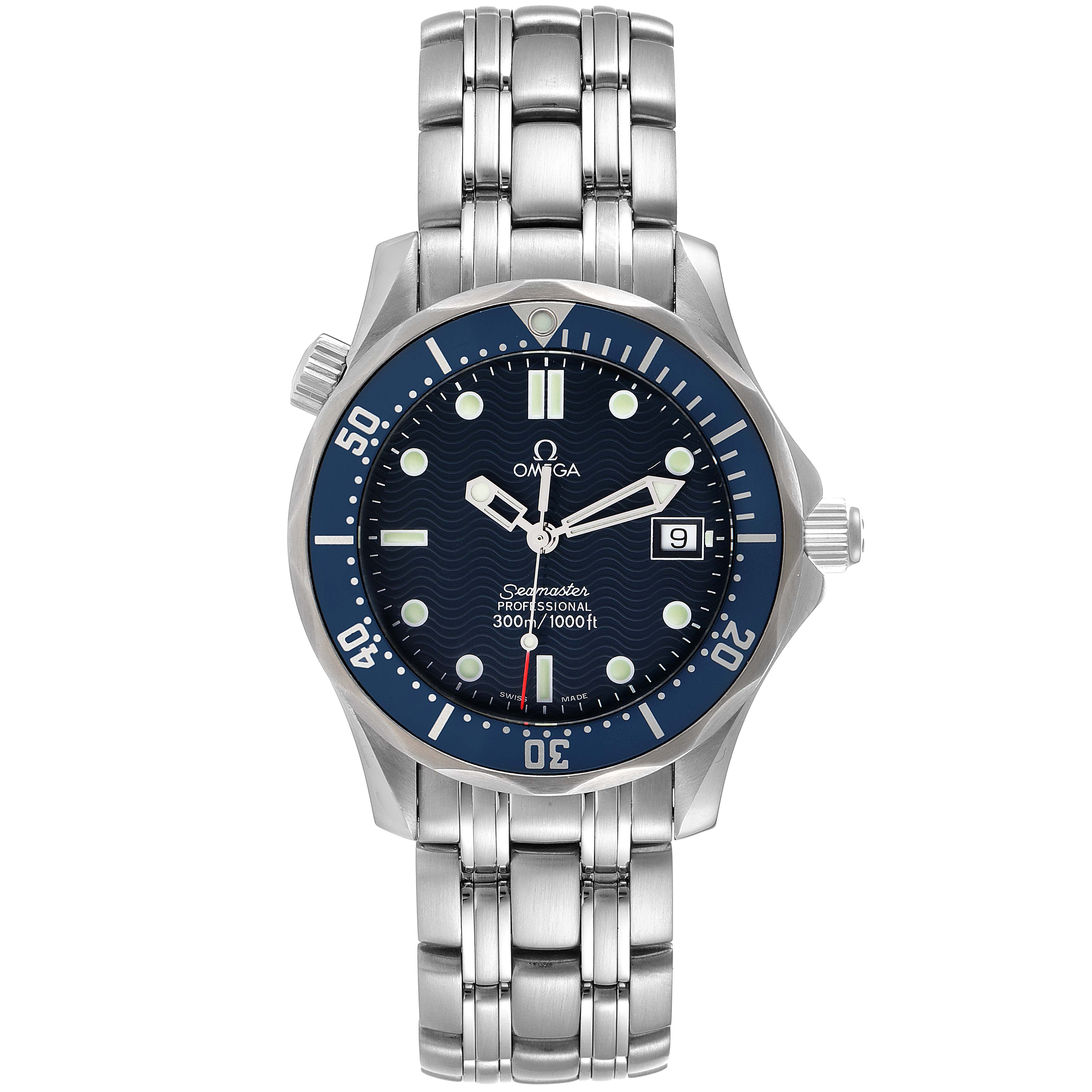 The Omega Seamaster 2561.80.00 Men's Stainless Steel Blue Dial 2561.80.00 Men's Stainless Steel Blue Dial watch is shown from a top-down angle, highlighting its dial, bezel, case, crown, and bracelet.