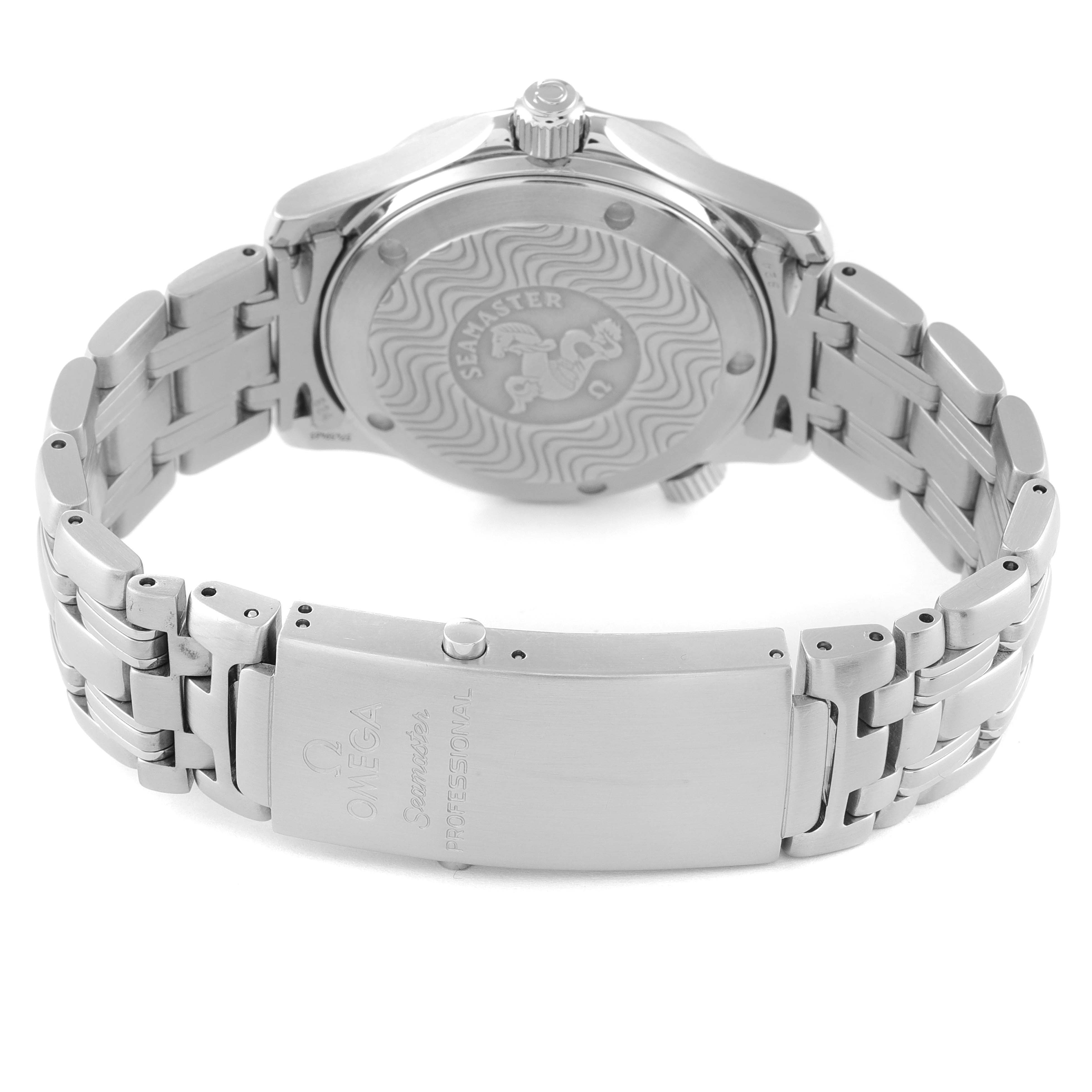 The image shows the back and clasp of an Omega Seamaster 2561.80.00 Men's Stainless Steel Blue Dial 2561.80.00 Men's Stainless Steel Blue Dial model watch, highlighting its stainless steel bracelet and engraved case back.