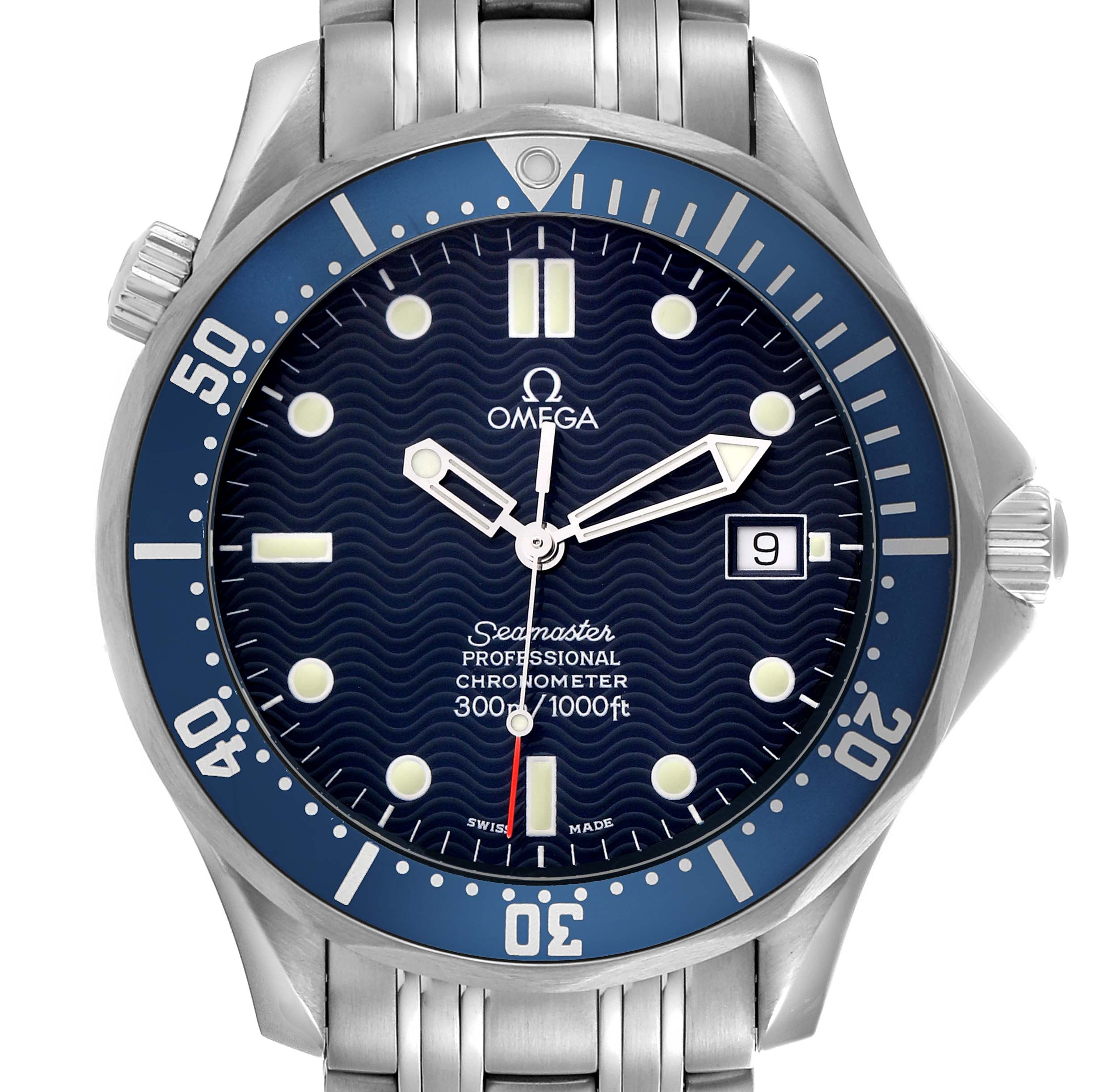The Omega Seamaster 2531.80.00 Men
s Stainless Steel Blue Dial 2531.80.00 Men
s Stainless Steel Blue Dial watch is shown from a front view, highlighting the dial, bezel, and bracelet.