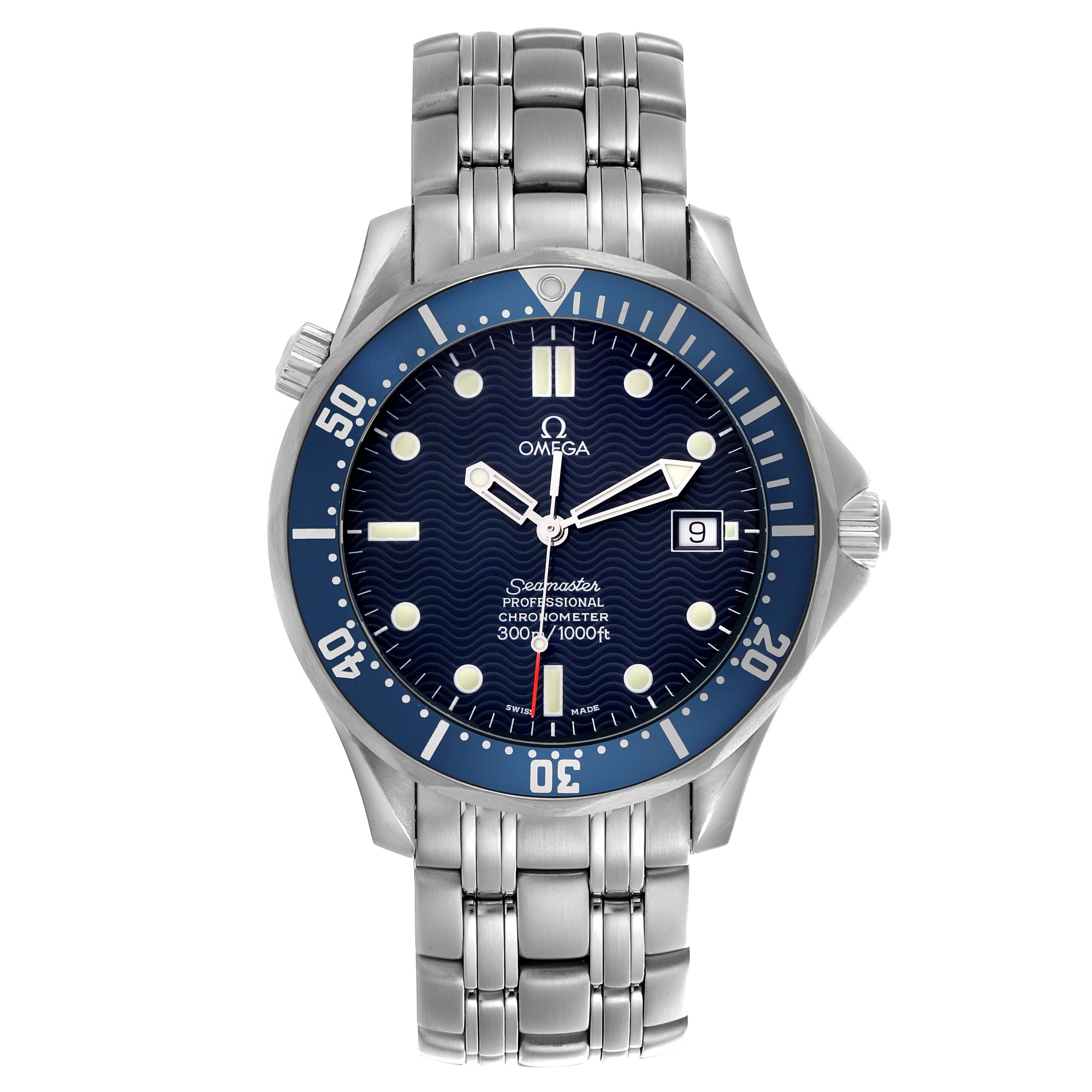 The Omega Seamaster 2531.80.00 Men
s Stainless Steel Blue Dial 2531.80.00 Men
s Stainless Steel Blue Dial watch is shown from a top-down angle, displaying the face, bezel, and bracelet clearly.