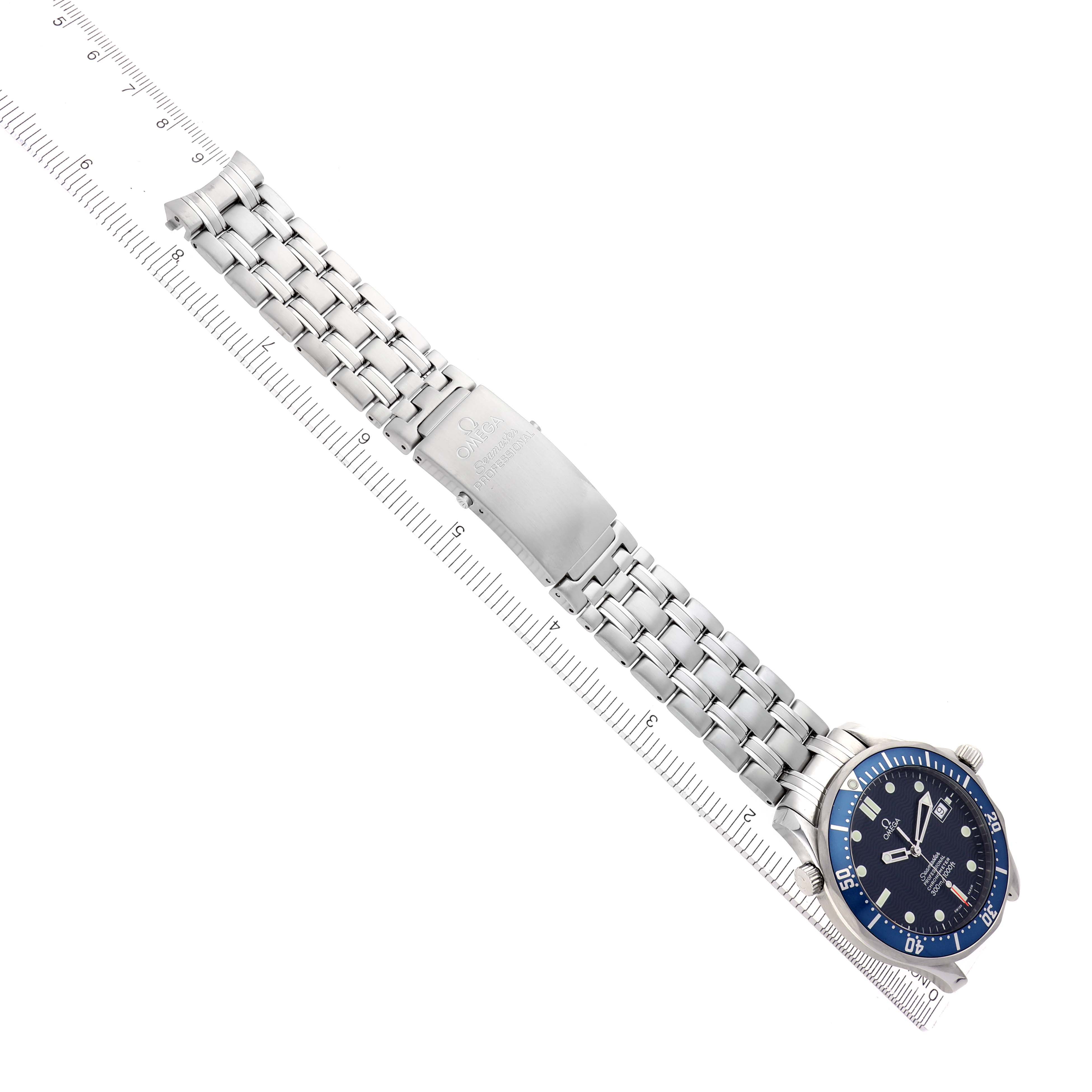 The Omega Seamaster 2531.80.00 Men
s Stainless Steel Blue Dial 2531.80.00 Men
s Stainless Steel Blue Dial watch is shown at a top-down angle featuring its full bracelet, clasp, and blue dial.