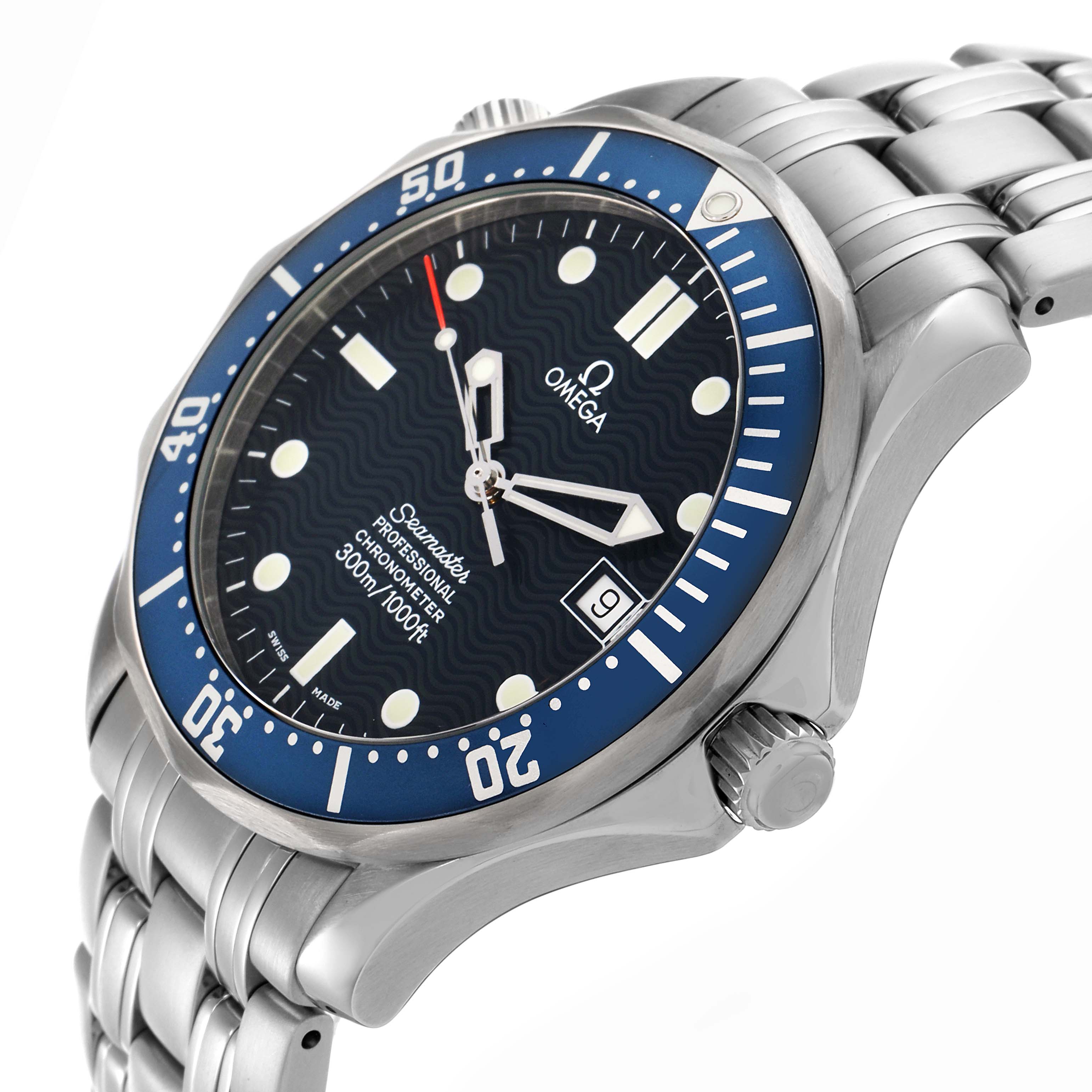 The Omega Seamaster 2531.80.00 Men
s Stainless Steel Blue Dial 2531.80.00 Men
s Stainless Steel Blue Dial watch is shown at a three-quarter angle, highlighting the bezel, dial, case, crown, and bracelet.