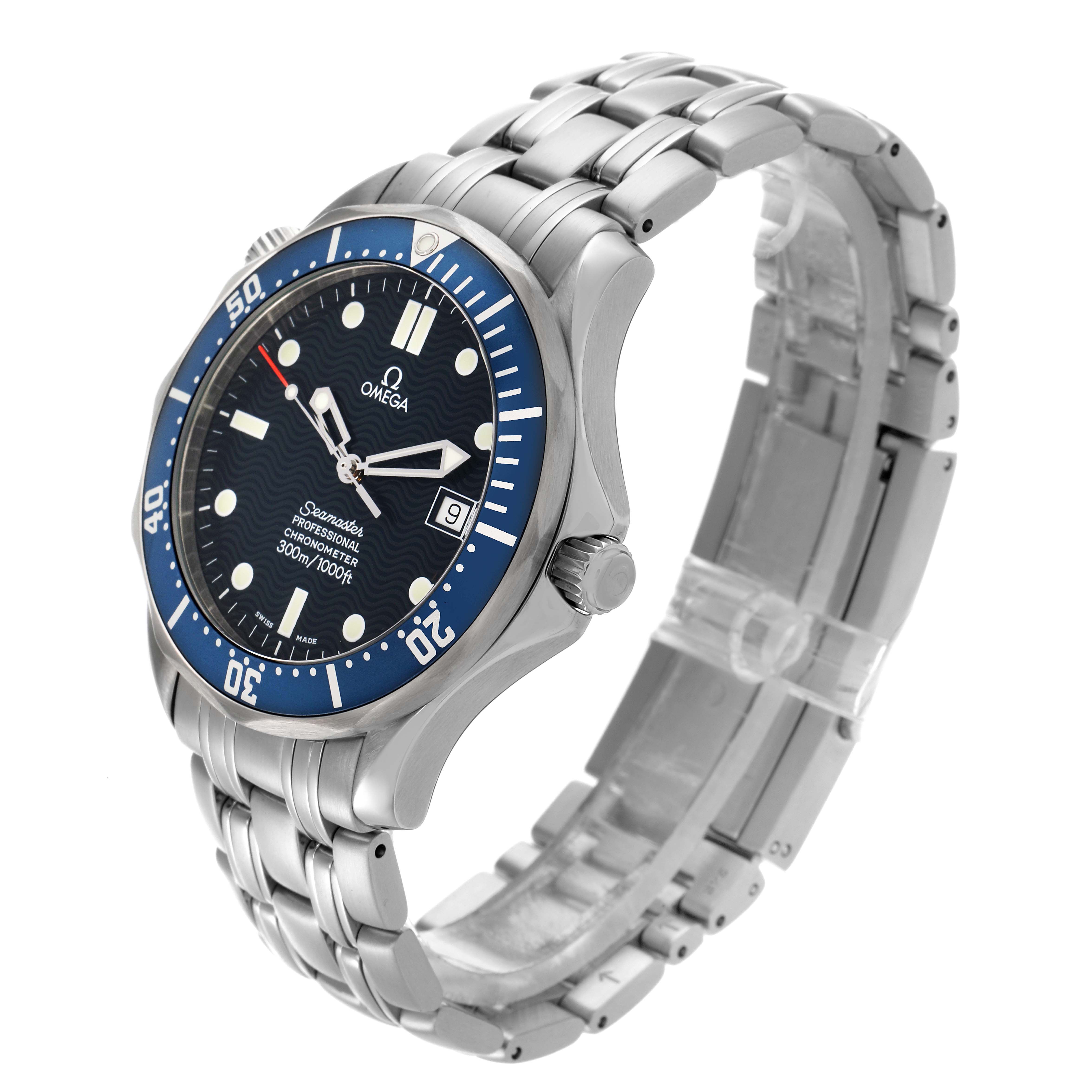 The Omega Seamaster 2531.80.00 Men
s Stainless Steel Blue Dial 2531.80.00 Men
s Stainless Steel Blue Dial watch is shown at a three-quarter angle, displaying the face, bezel, and bracelet clearly.