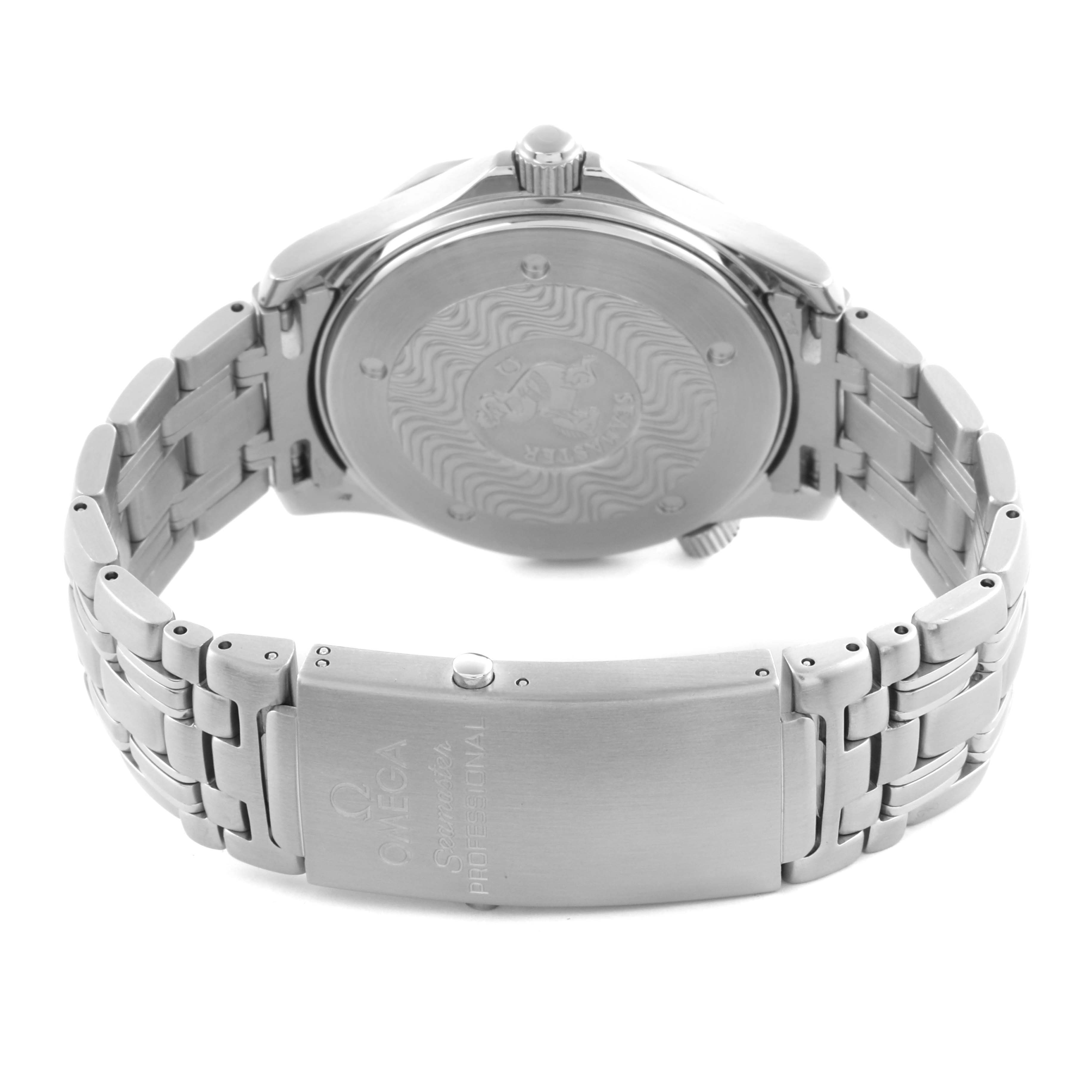 The Omega Seamaster 2531.80.00 Men
s Stainless Steel Blue Dial 2531.80.00 Men
s Stainless Steel Blue Dial watch is shown from the back, displaying the case back, bracelet, and clasp.