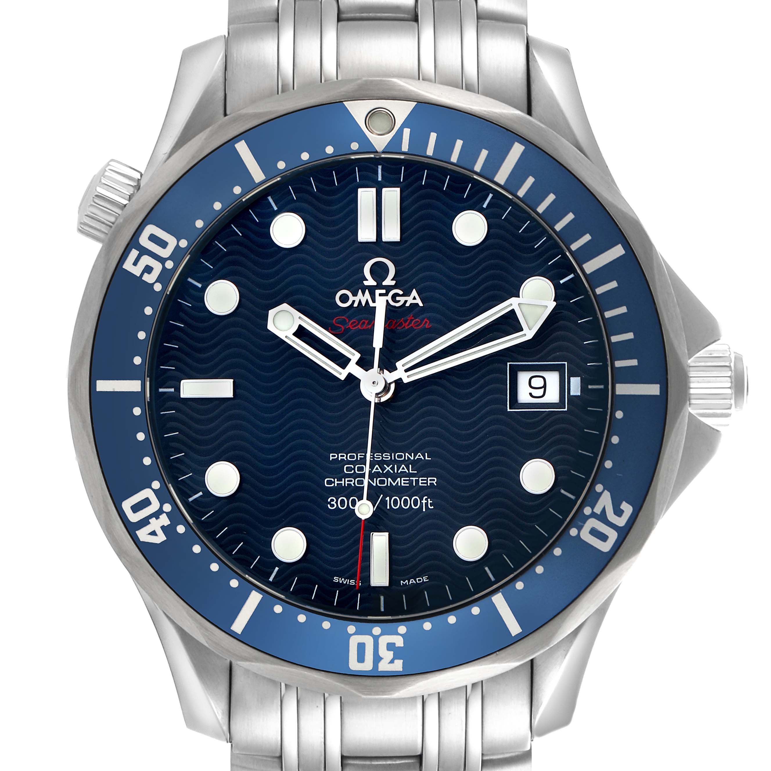 The Omega Seamaster 2220.80.00 Men
s Stainless Steel Blue Dial 2220.80.00 Men
s Stainless Steel Blue Dial watch is shown from the front, highlighting its dial, bezel, and bracelet.