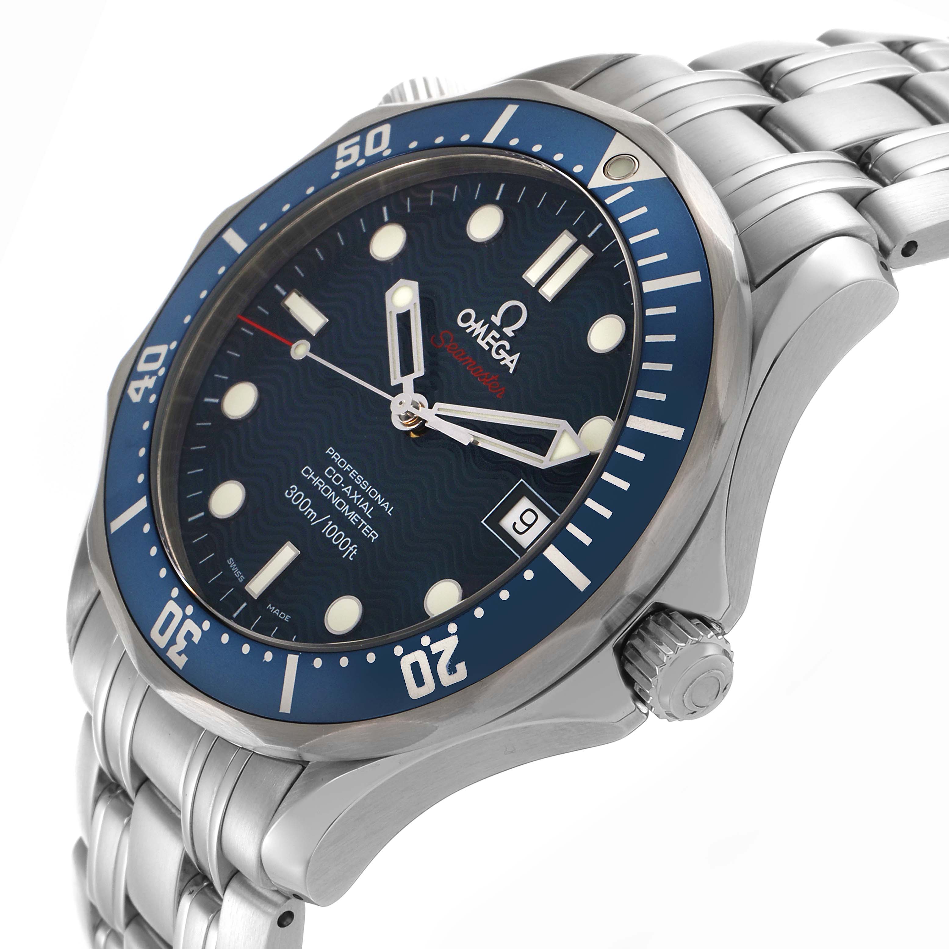 The Omega Seamaster 2220.80.00 Men
s Stainless Steel Blue Dial 2220.80.00 Men
s Stainless Steel Blue Dial watch is shown from a three-quarter angle, displaying the face, bezel, crown, and part of the bracelet.