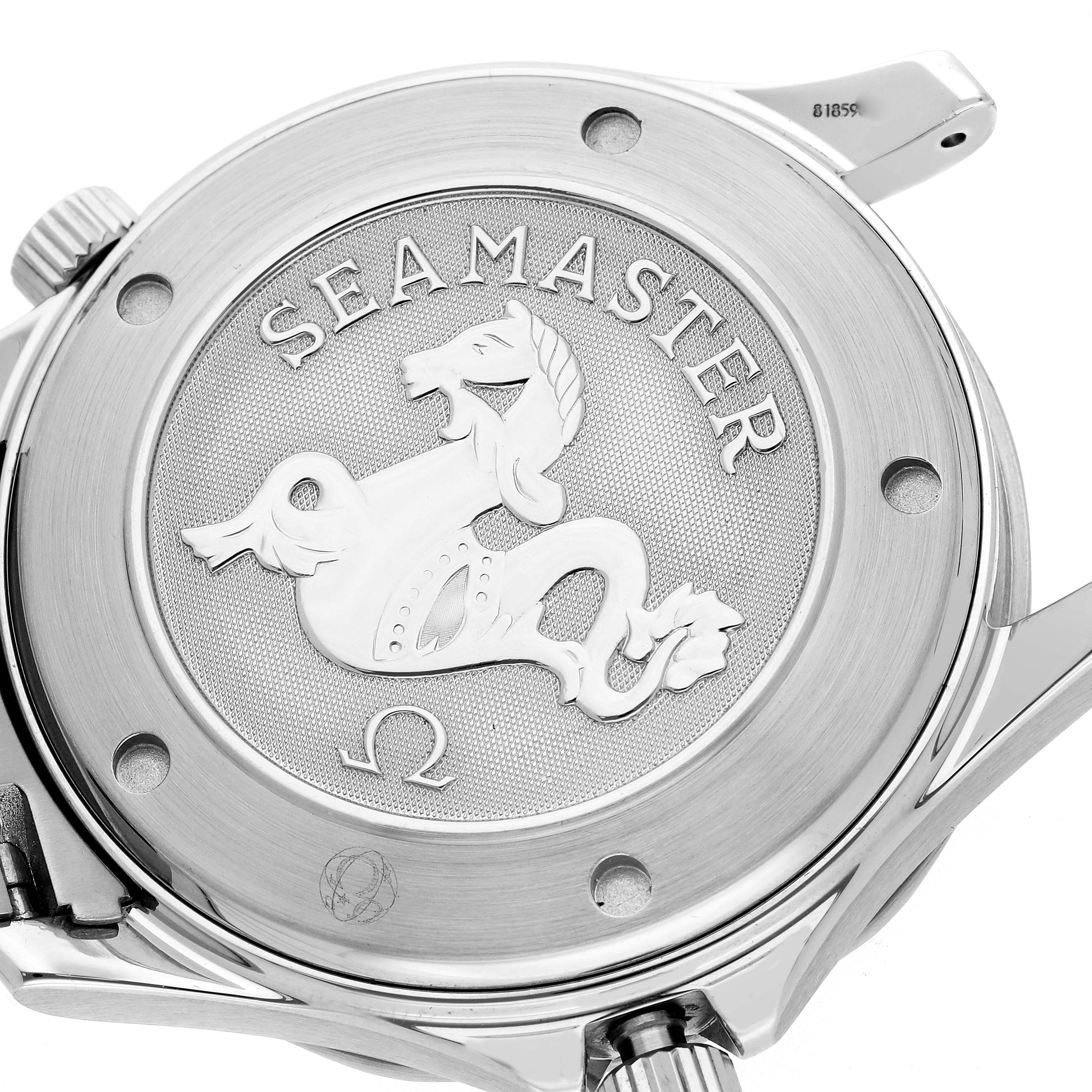 The image shows the case back of an Omega Seamaster 2220.80.00 Men
s Stainless Steel Blue Dial 2220.80.00 Men
s Stainless Steel Blue Dial, featuring the engraved logo and model name.