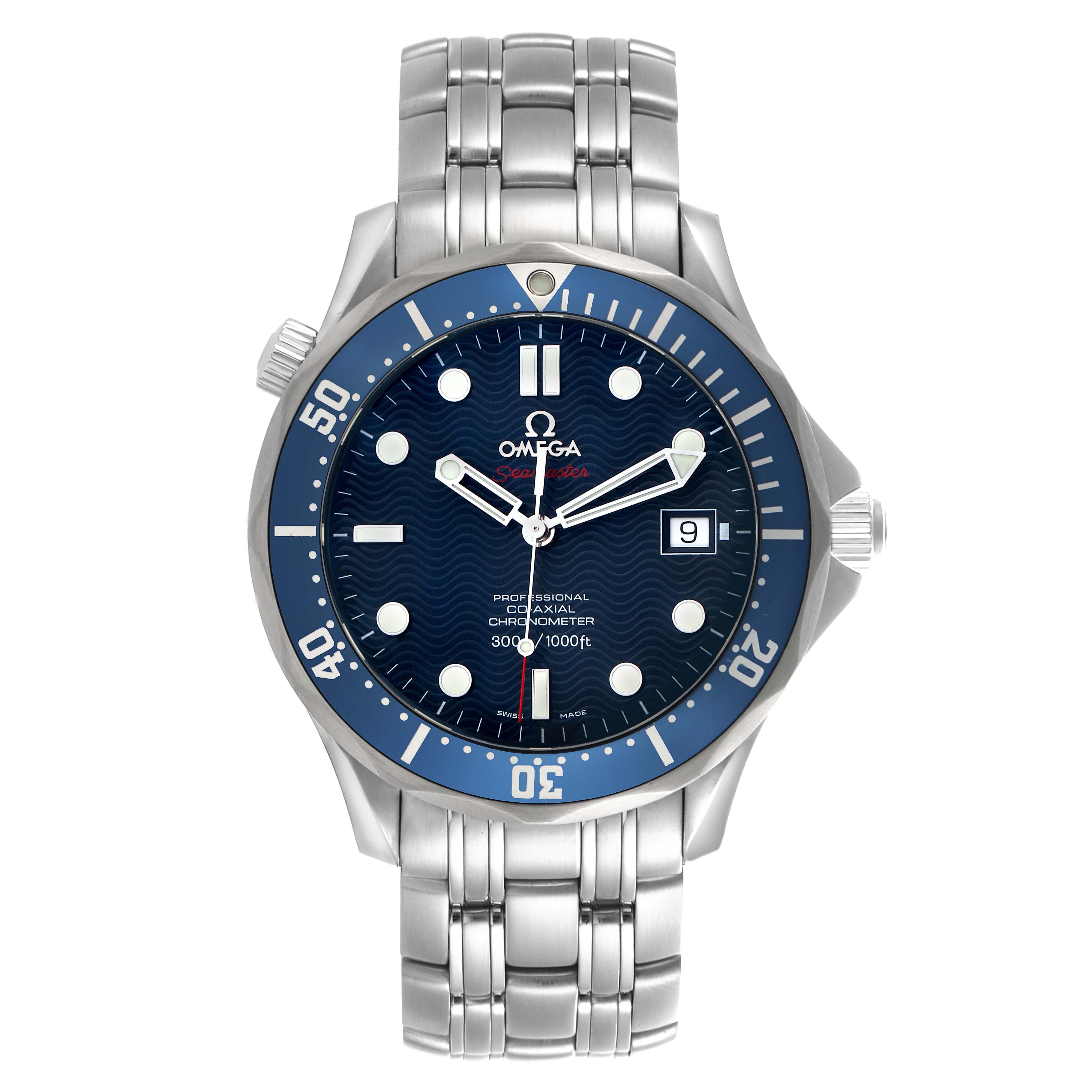 The Omega Seamaster 2220.80.00 Men
s Stainless Steel Blue Dial 2220.80.00 Men
s Stainless Steel Blue Dial watch is shown from a frontal view, highlighting the dial, bezel, and bracelet.