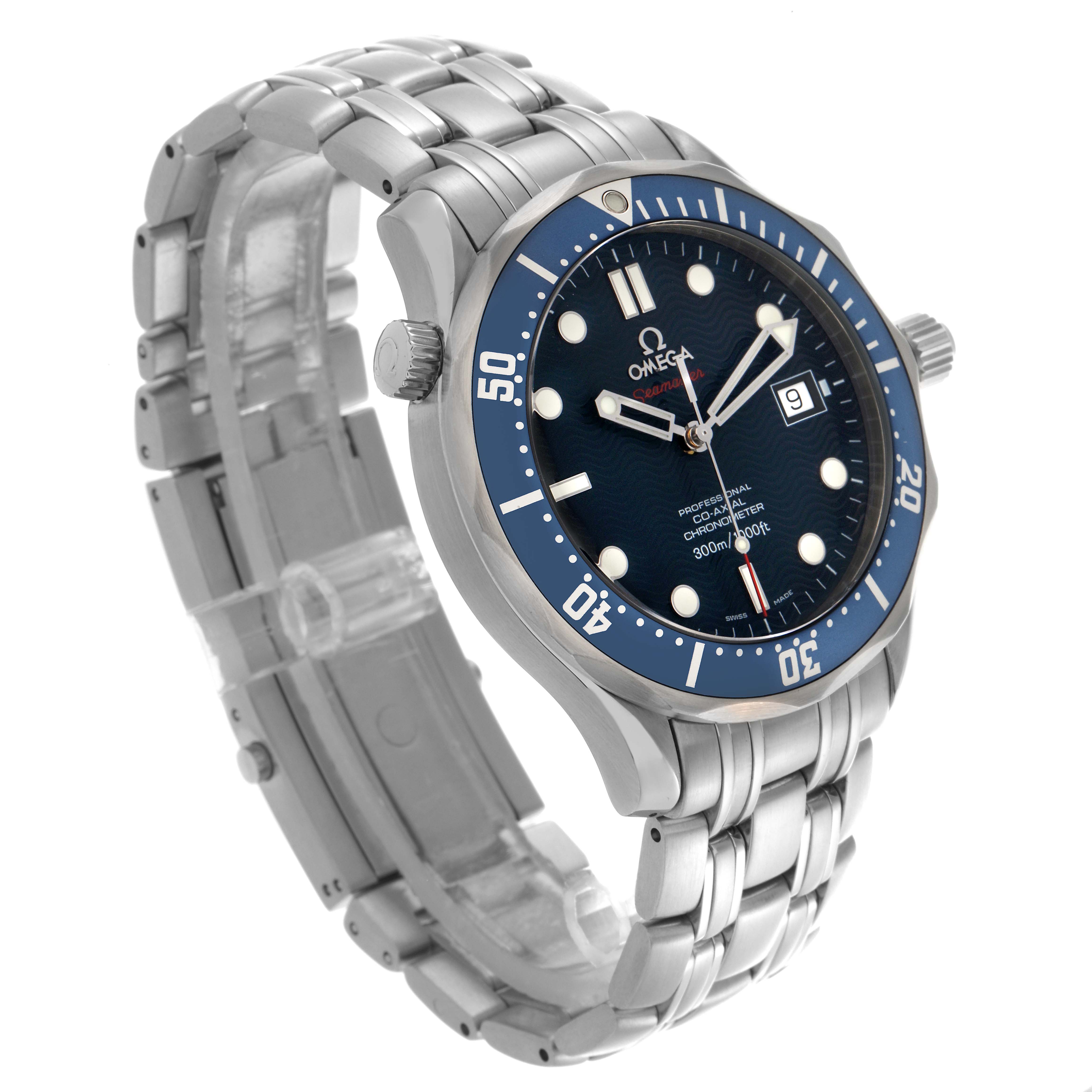 The Omega Seamaster 2220.80.00 Men
s Stainless Steel Blue Dial 2220.80.00 Men
s Stainless Steel Blue Dial watch is shown at an angle highlighting its face, bezel, bracelet, and crown.