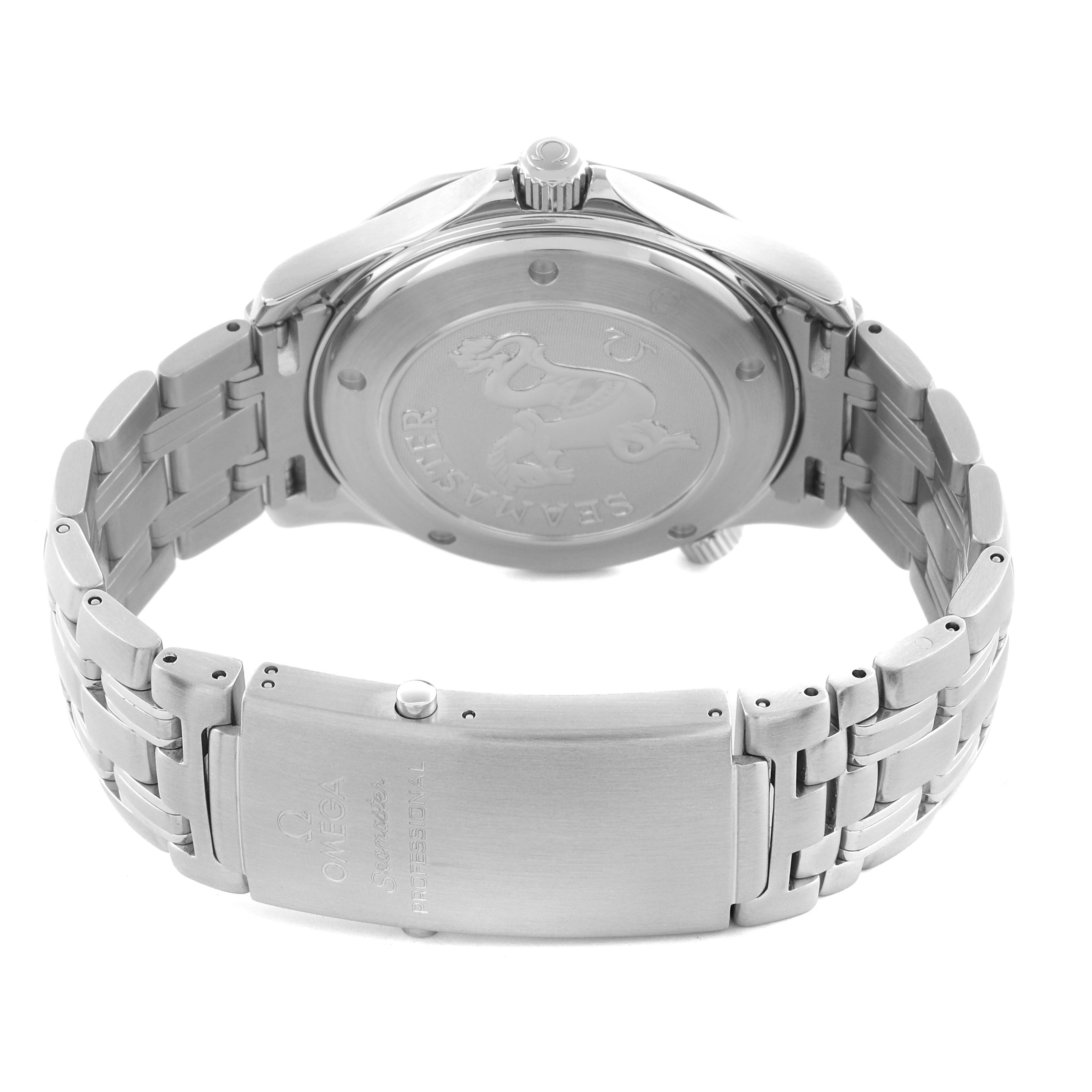 The Omega Seamaster 2220.80.00 Men
s Stainless Steel Blue Dial 2220.80.00 Men
s Stainless Steel Blue Dial watch is shown from the back, highlighting its clasp, bracelet, and case back with the Seamaster engraving.