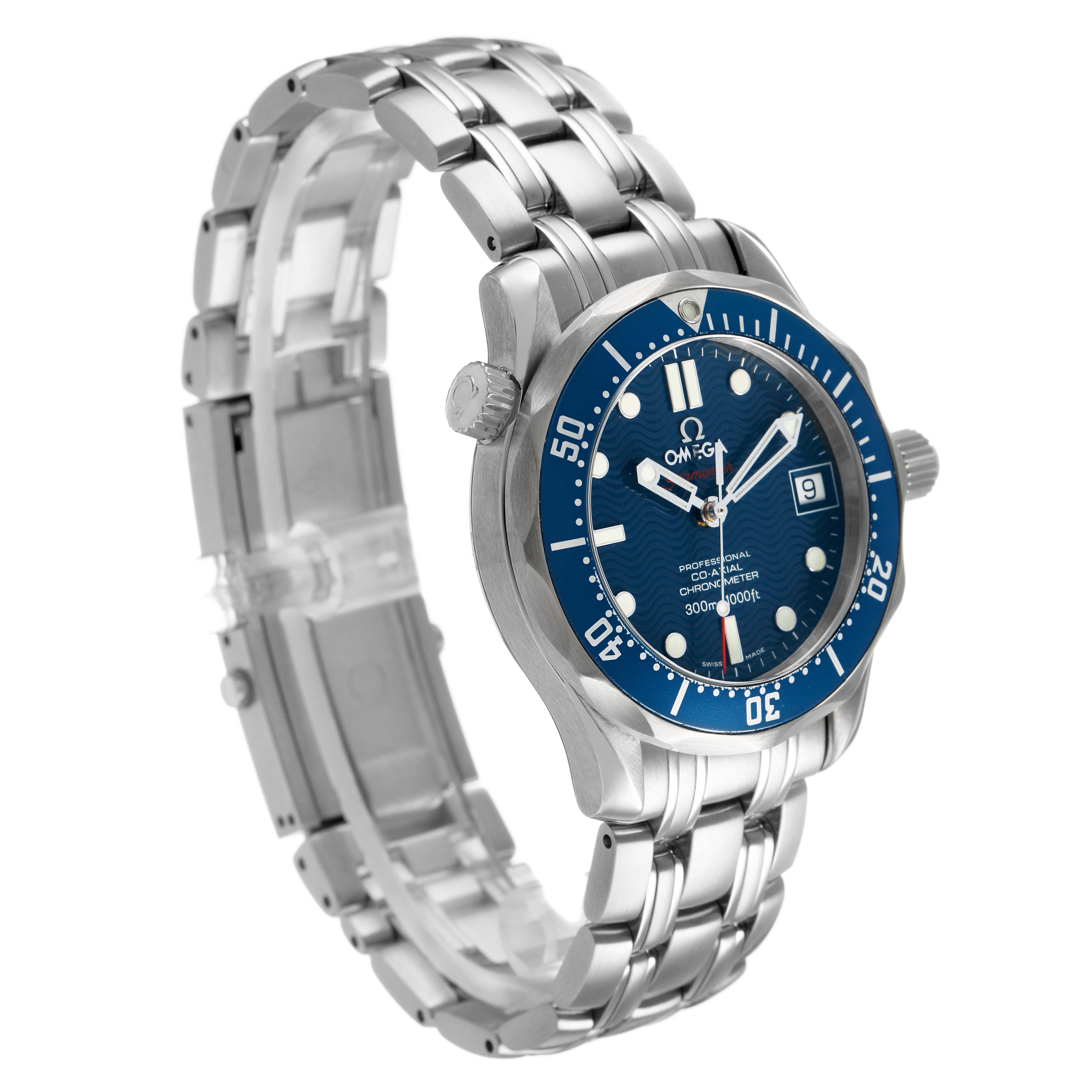 The Omega Seamaster 2222.80.00 Men's Stainless Steel Blue Dial watch is shown at a three-quarter angle, displaying its blue dial, bezel, and stainless steel bracelet.