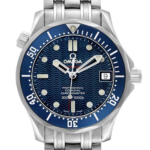 The Omega Seamaster 2222.80.00 Men's Stainless Steel Blue Dial watch is shown from a front angle, highlighting the dial, bezel, and part of the bracelet.