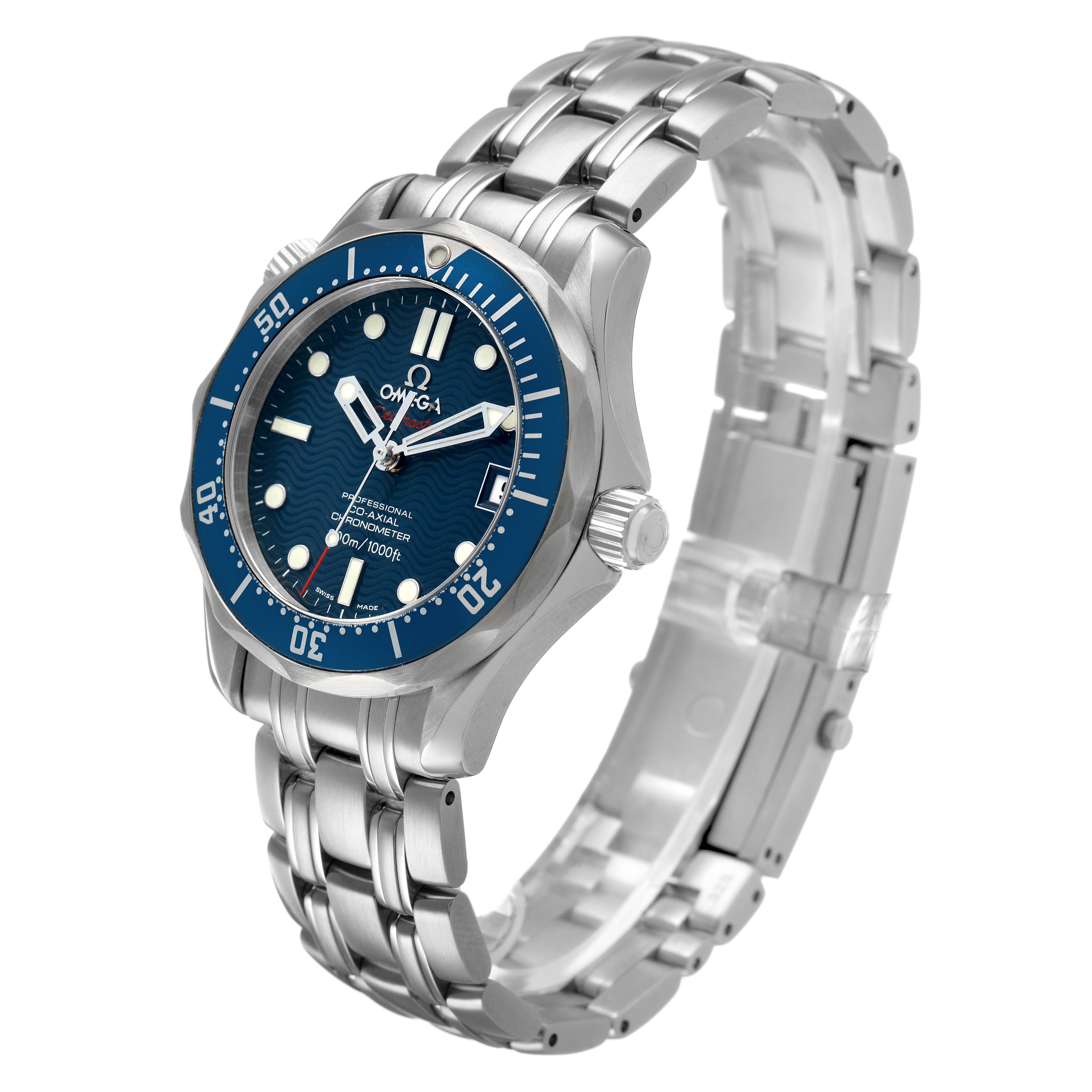 The Omega Seamaster 2222.80.00 Men's Stainless Steel Blue Dial is shown in a three-quarter view highlighting the blue bezel, dial, stainless steel bracelet, and crown.