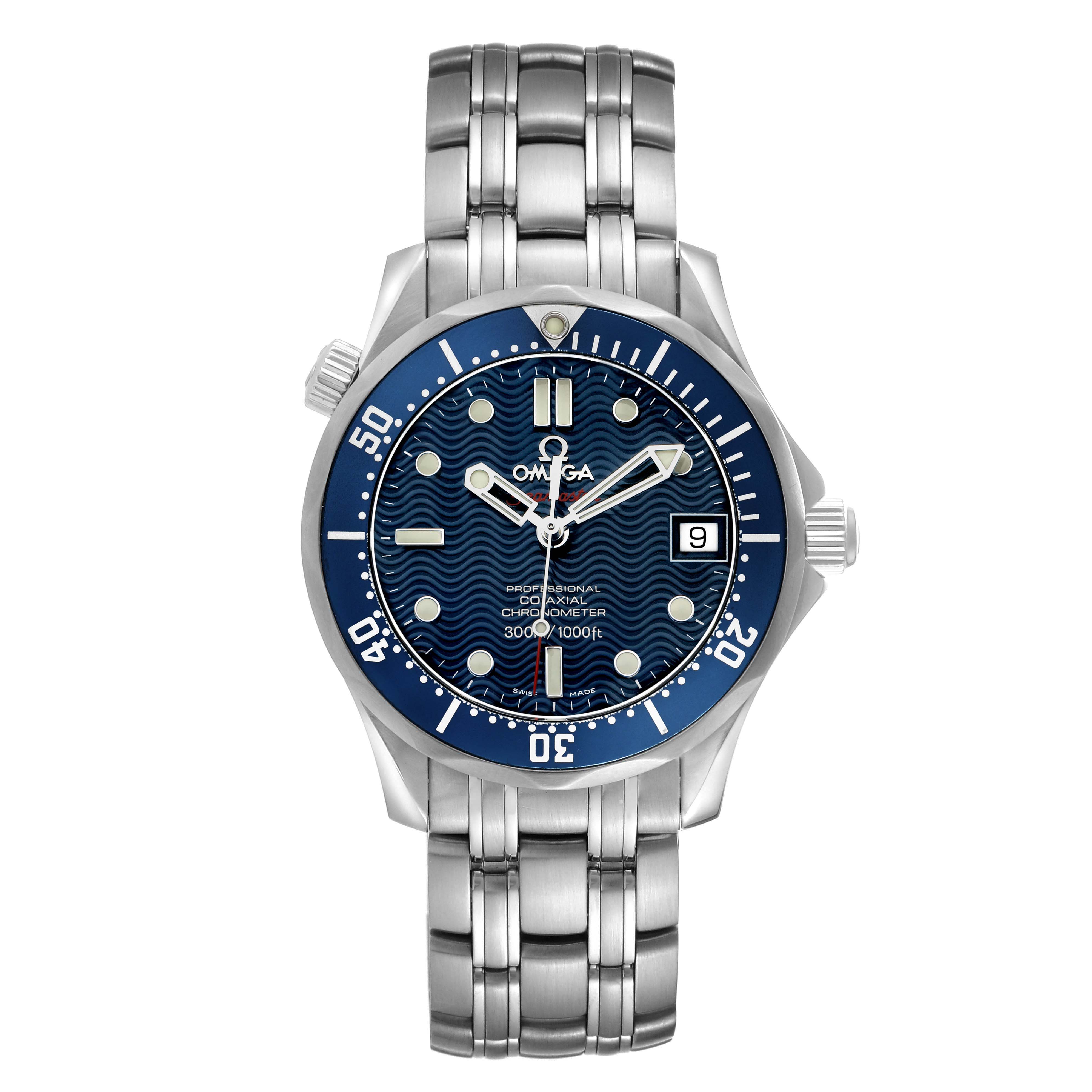 The Omega Seamaster 2222.80.00 Men's Stainless Steel Blue Dial watch is shown from a front angle, highlighting the face, bezel, crown, and bracelet links.