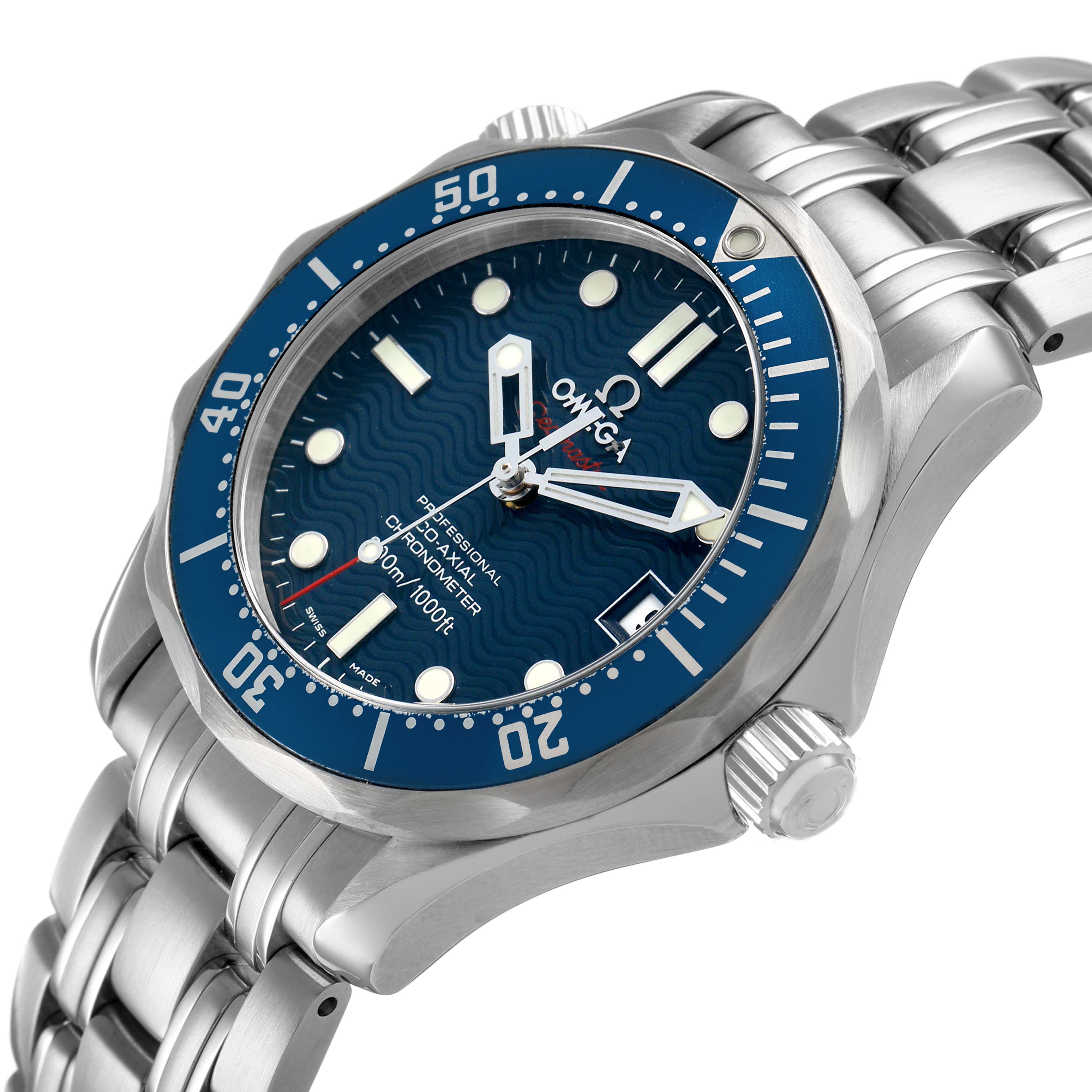 The Omega Seamaster 2222.80.00 Men's Stainless Steel Blue Dial watch is shown at an angled close-up, highlighting the blue dial, bezel, and stainless steel bracelet.