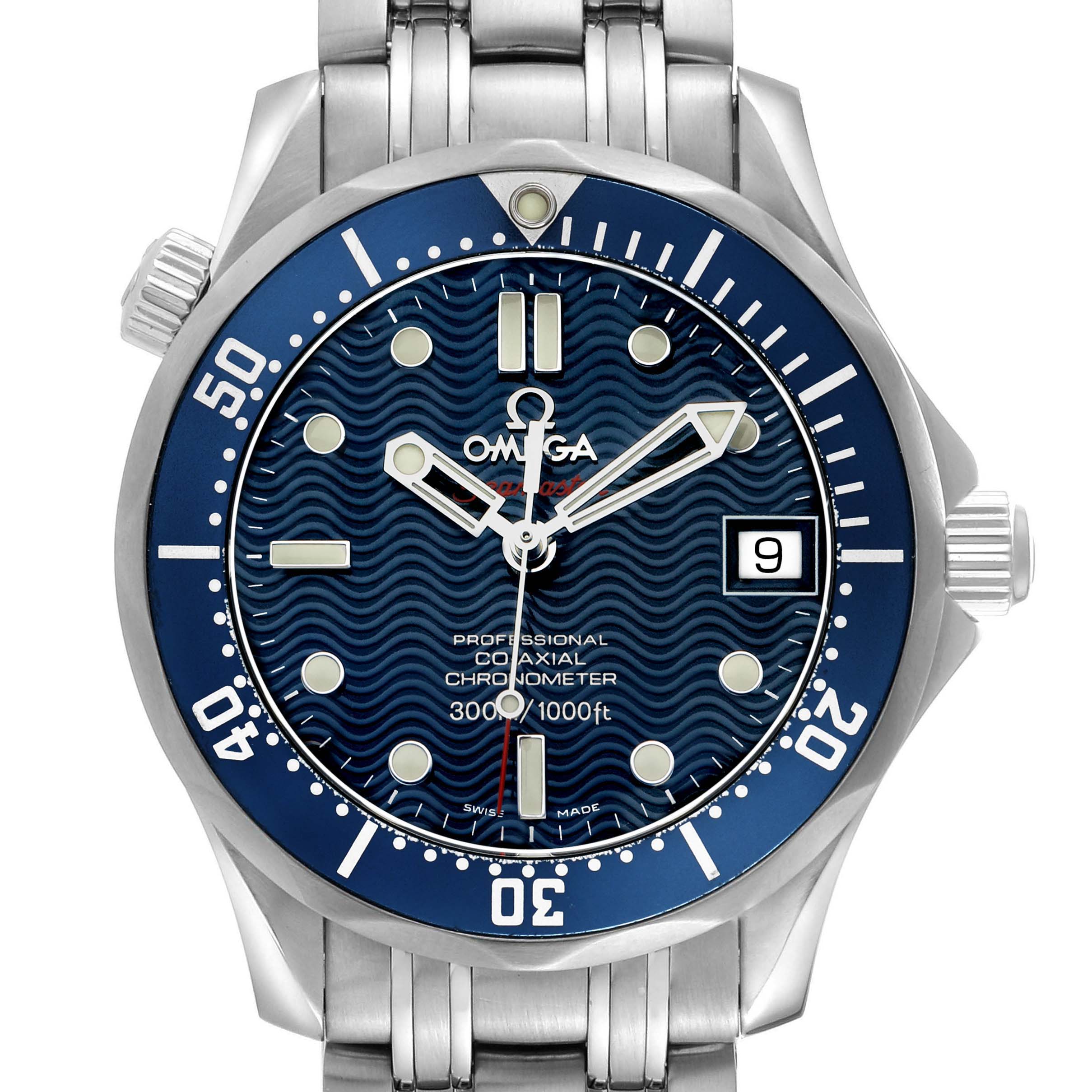 The Omega Seamaster 2222.80.00 Men's Stainless Steel Blue Dial watch is shown from a front angle, displaying its blue dial, bezel, hands, and stainless steel bracelet.