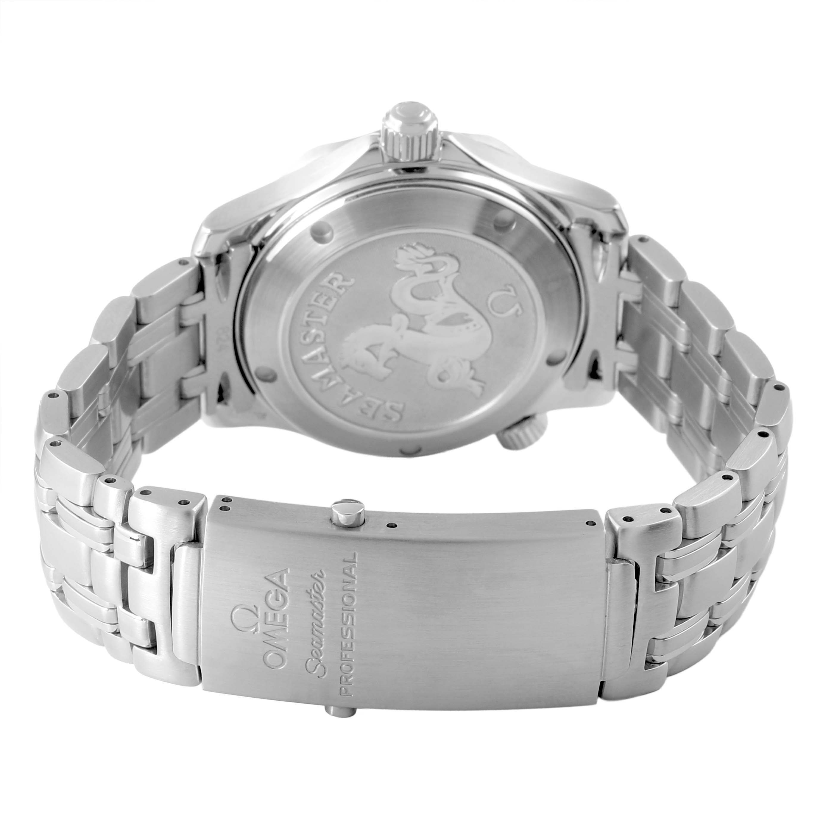 The image shows the back and metal bracelet of an Omega Seamaster 2222.80.00 Men's Stainless Steel Blue Dial watch, highlighting the clasp with branding engraved.