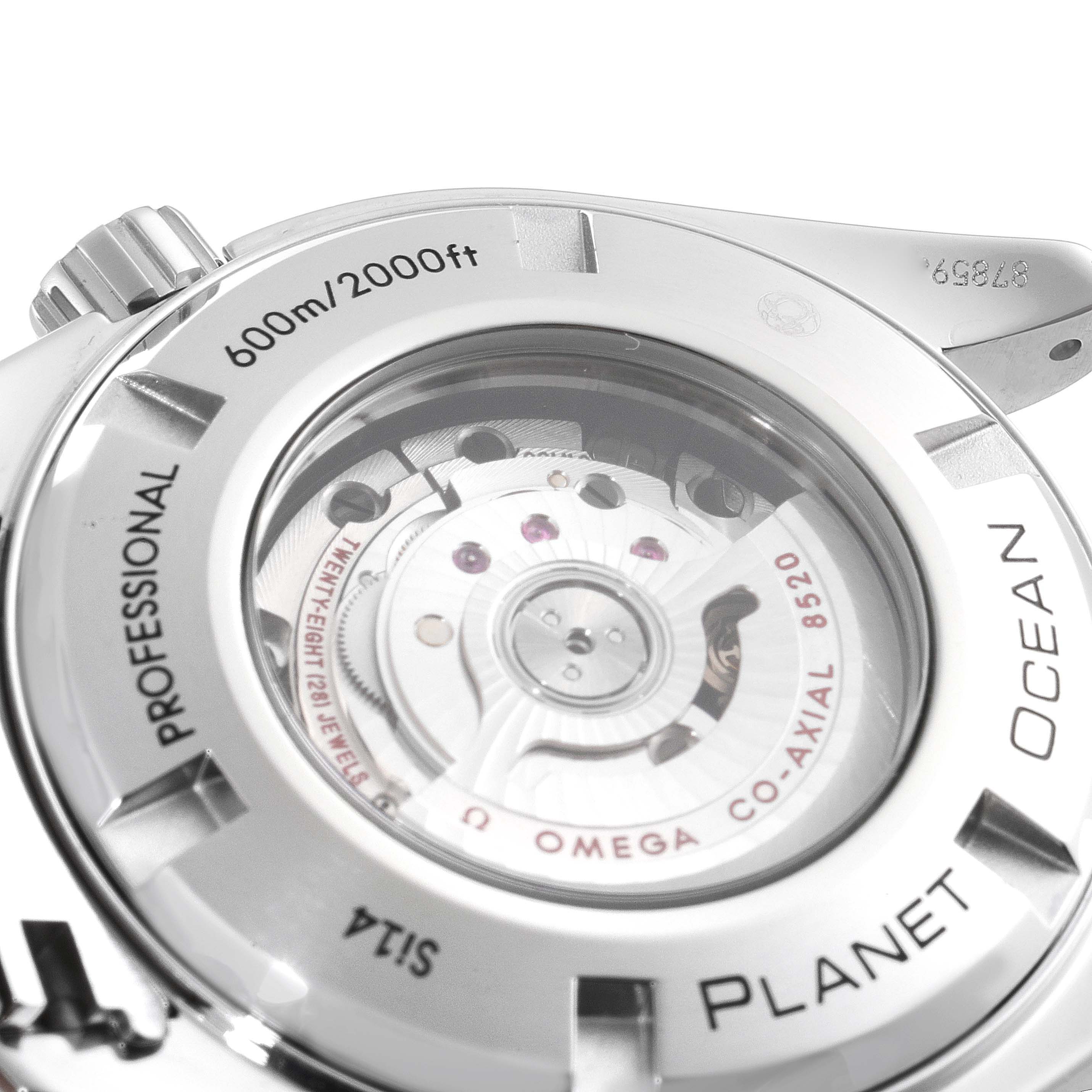 The image shows the back of the Omega Planet Ocean 232.30.38.20.01.001 Men
s Stainless Steel Black Dial 232.30.38.20.01.001 Men
s Stainless Steel Black Dial watch, highlighting the transparent case back and the movement.