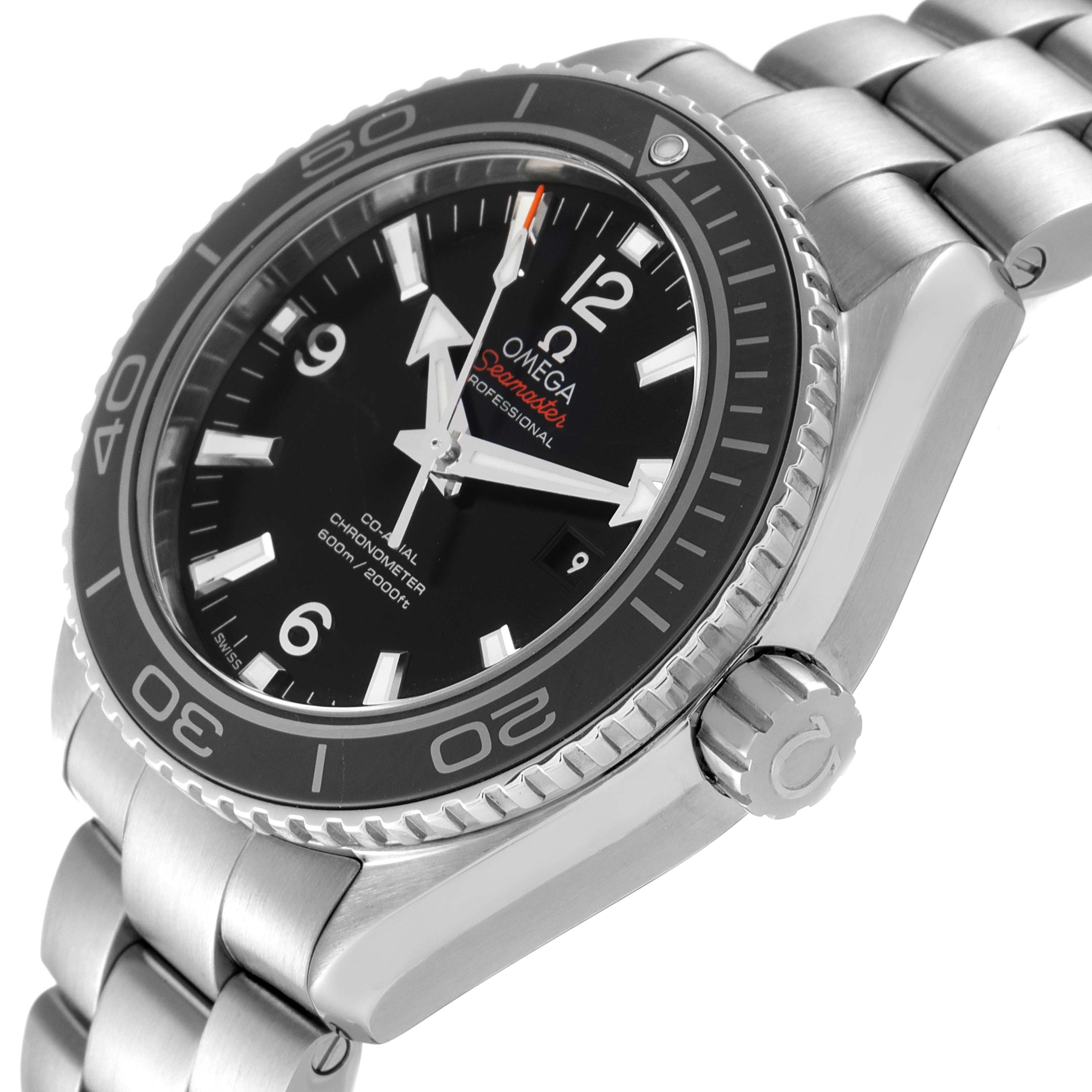 This image shows a side angle of the Omega Planet Ocean 232.30.38.20.01.001 Men
s Stainless Steel Black Dial 232.30.38.20.01.001 Men
s Stainless Steel Black Dial watch, highlighting its bezel, dial, crown, and part of the metal bracelet.