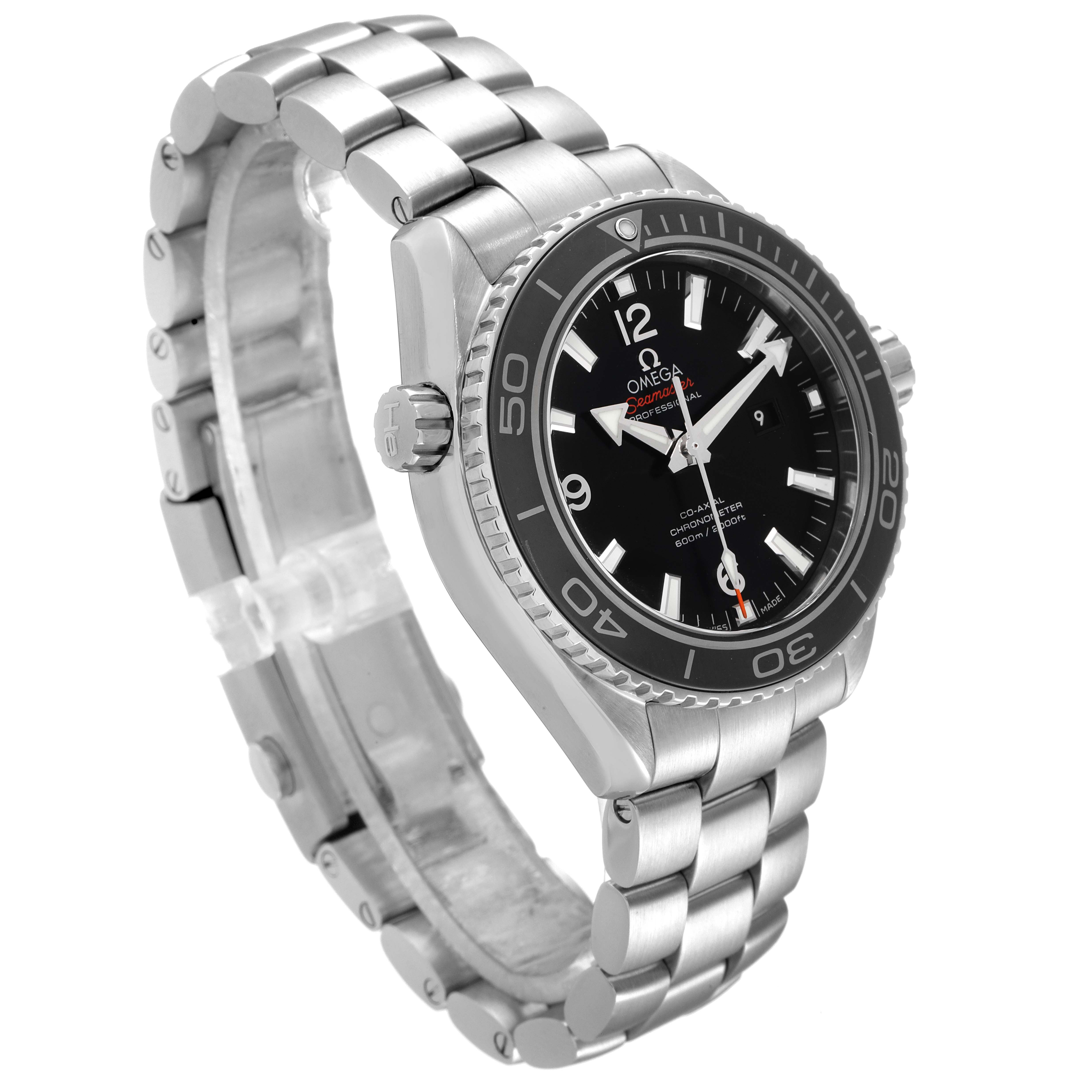 The image shows an angled side-view of the Omega Planet Ocean 232.30.38.20.01.001 Men
s Stainless Steel Black Dial 232.30.38.20.01.001 Men
s Stainless Steel Black Dial watch, highlighting its bezel, crown, dial, hands, and metal bracelet.