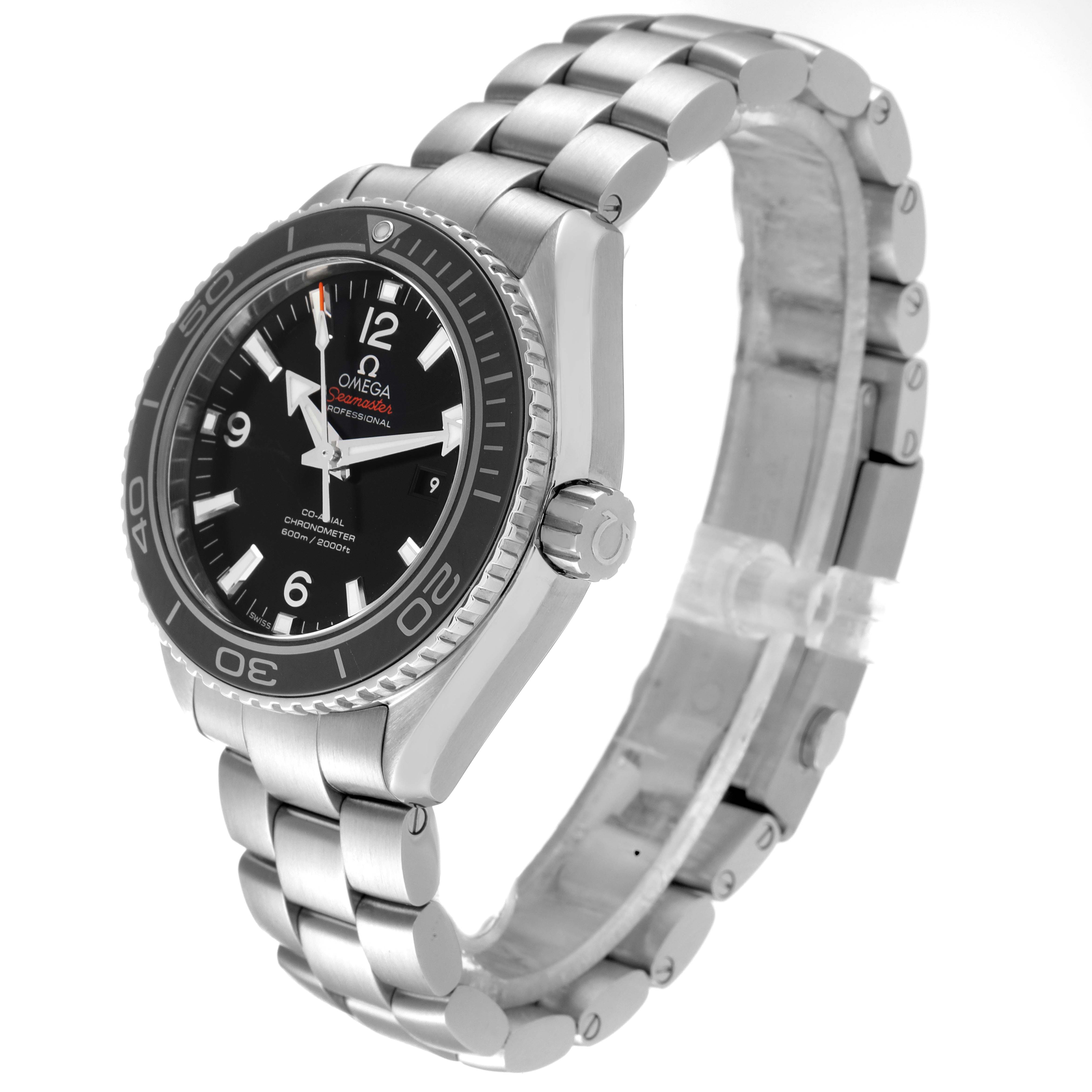 The image shows an Omega Planet Ocean 232.30.38.20.01.001 Men
s Stainless Steel Black Dial 232.30.38.20.01.001 Men
s Stainless Steel Black Dial watch at an angled view, highlighting the face, bezel, crown, and bracelet.