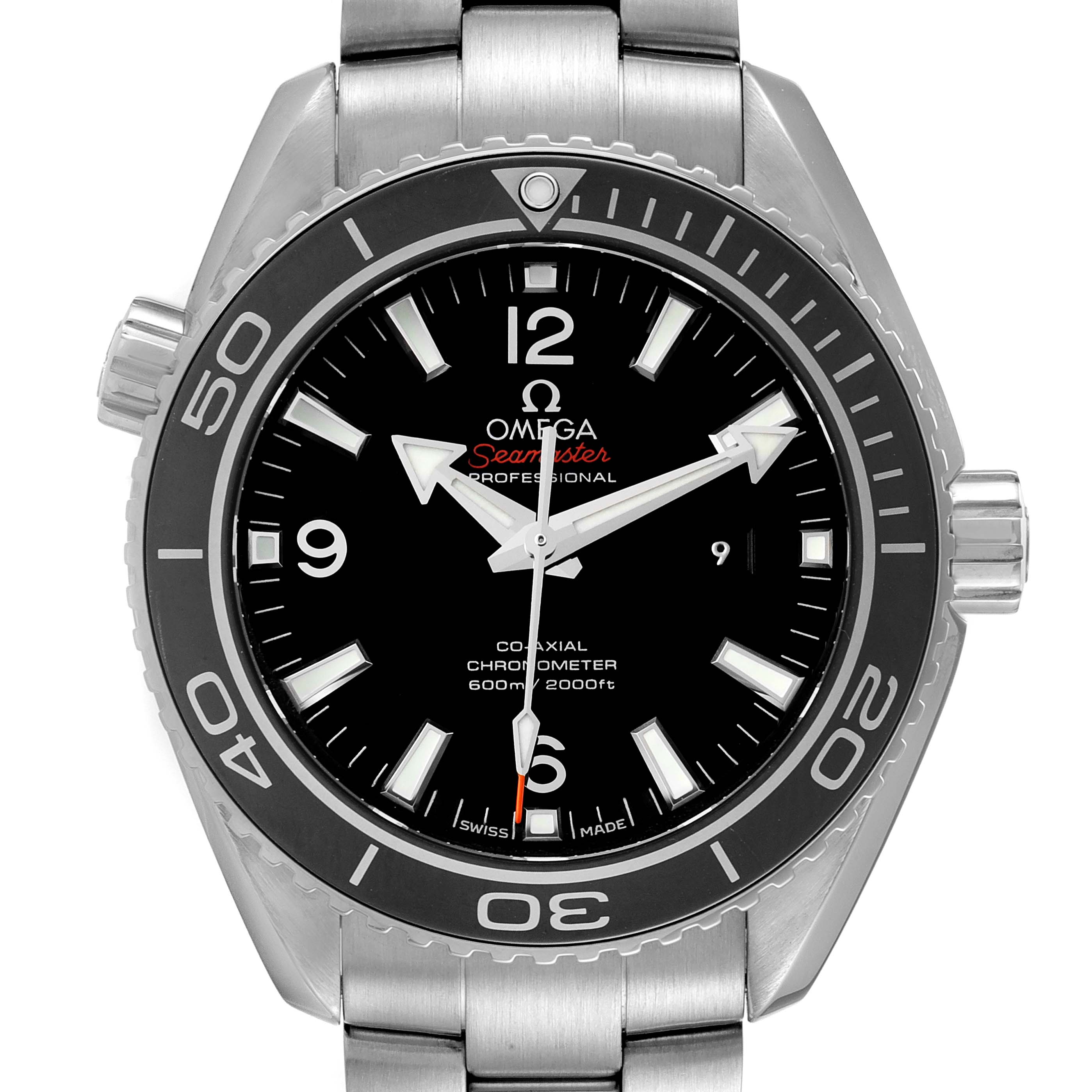 The Omega Planet Ocean 232.30.38.20.01.001 Men
s Stainless Steel Black Dial 232.30.38.20.01.001 Men
s Stainless Steel Black Dial watch is displayed from the front, showing the bezel, dial, hands, crown, and part of the bracelet.