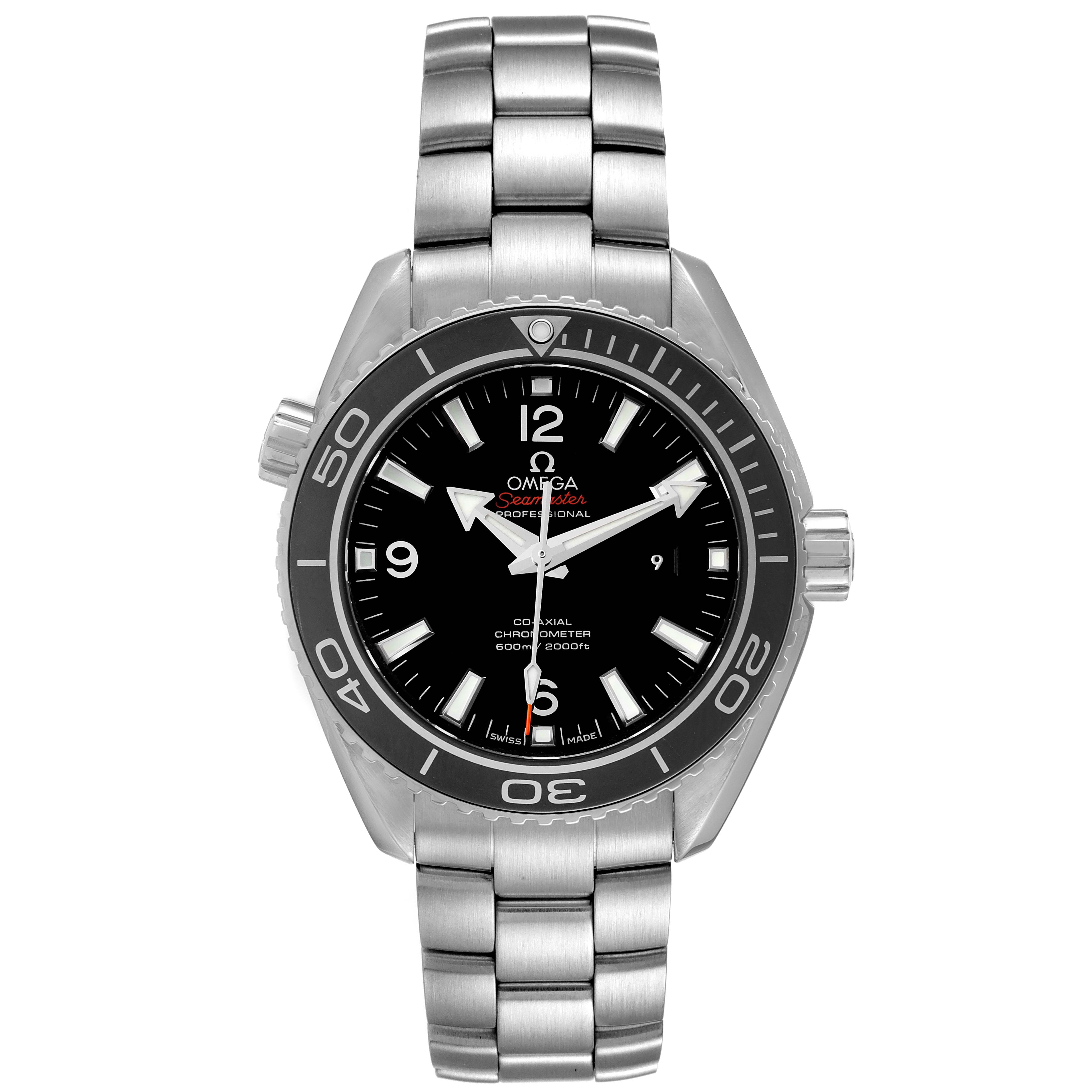 The image shows a front view of the Omega Planet Ocean 232.30.38.20.01.001 Men
s Stainless Steel Black Dial 232.30.38.20.01.001 Men
s Stainless Steel Black Dial watch, highlighting its dial, bezel, and bracelet.