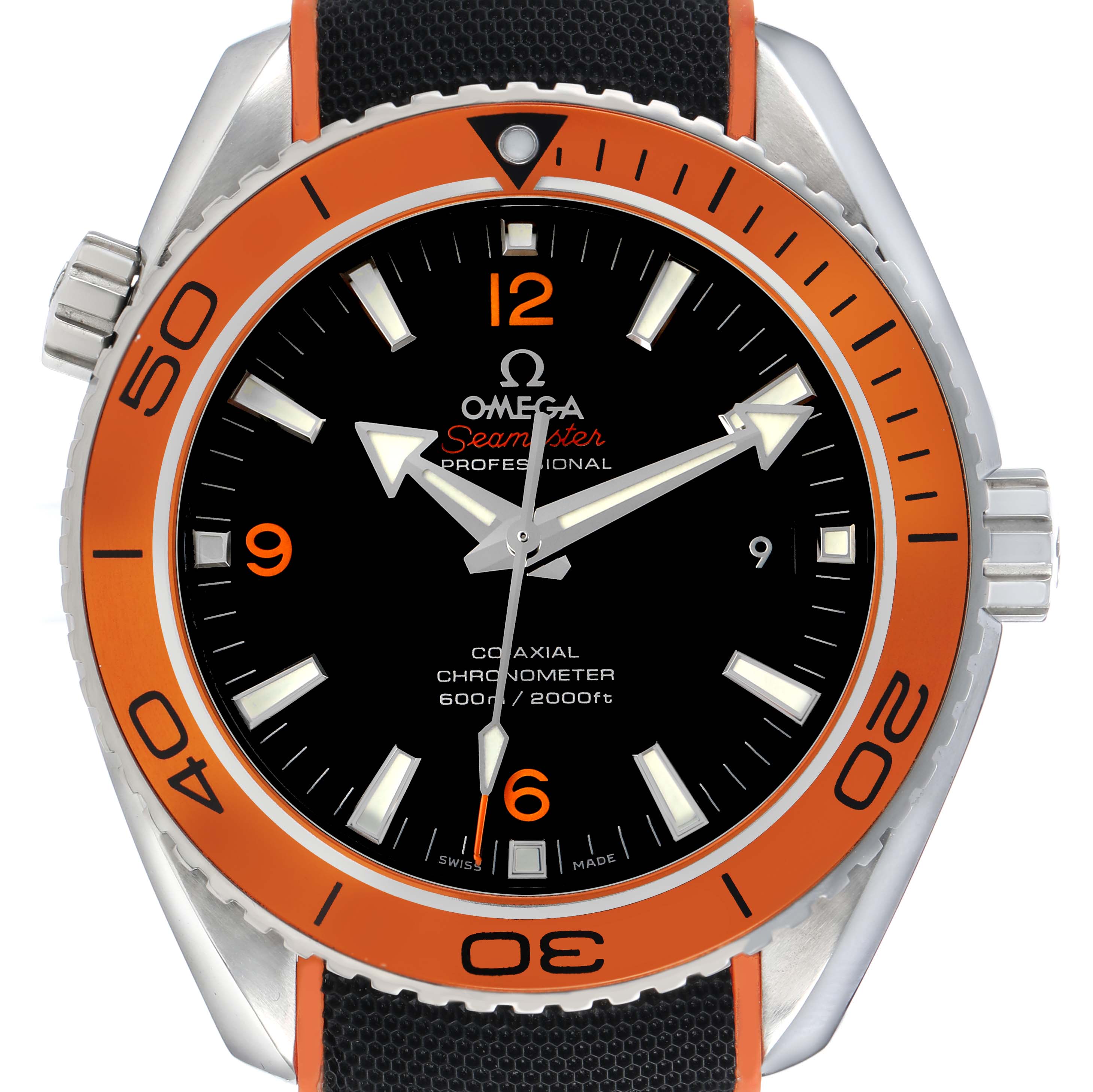 The Omega Planet Ocean 232.30.46.21.01.002 Men's Stainless Steel Black Dial watch is shown from a front angle, featuring its bezel, dial, hands, and crown.