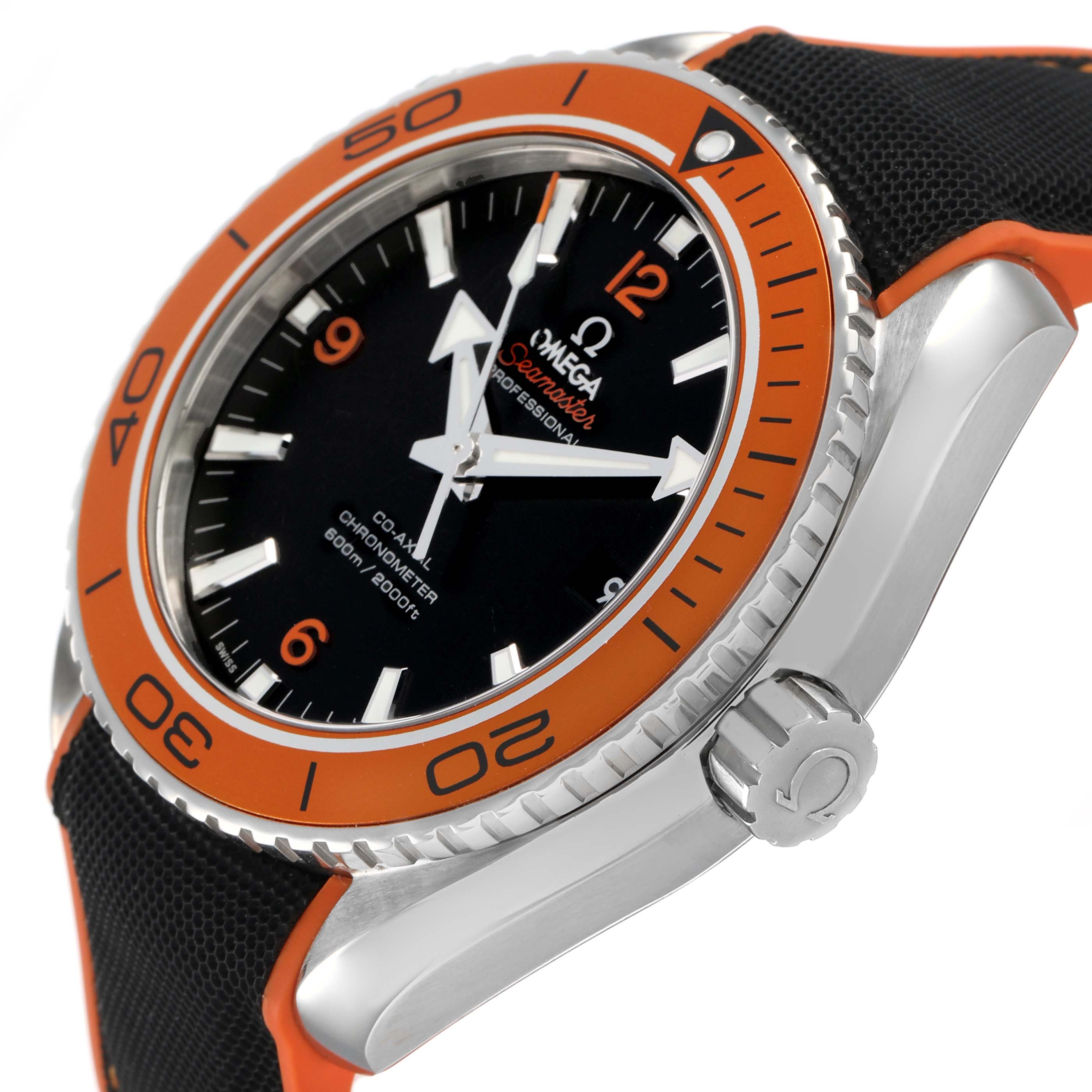 The Omega Planet Ocean 232.30.46.21.01.002 Men's Stainless Steel Black Dial watch is shown at a side angle, highlighting the bezel, face, and crown.