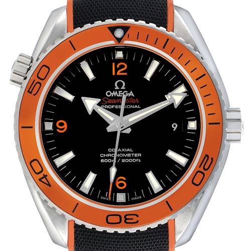 The Omega Planet Ocean 232.30.46.21.01.002 Men's Stainless Steel Black Dial watch is shown from the front, displaying its bezel, dial, hands, and crown.