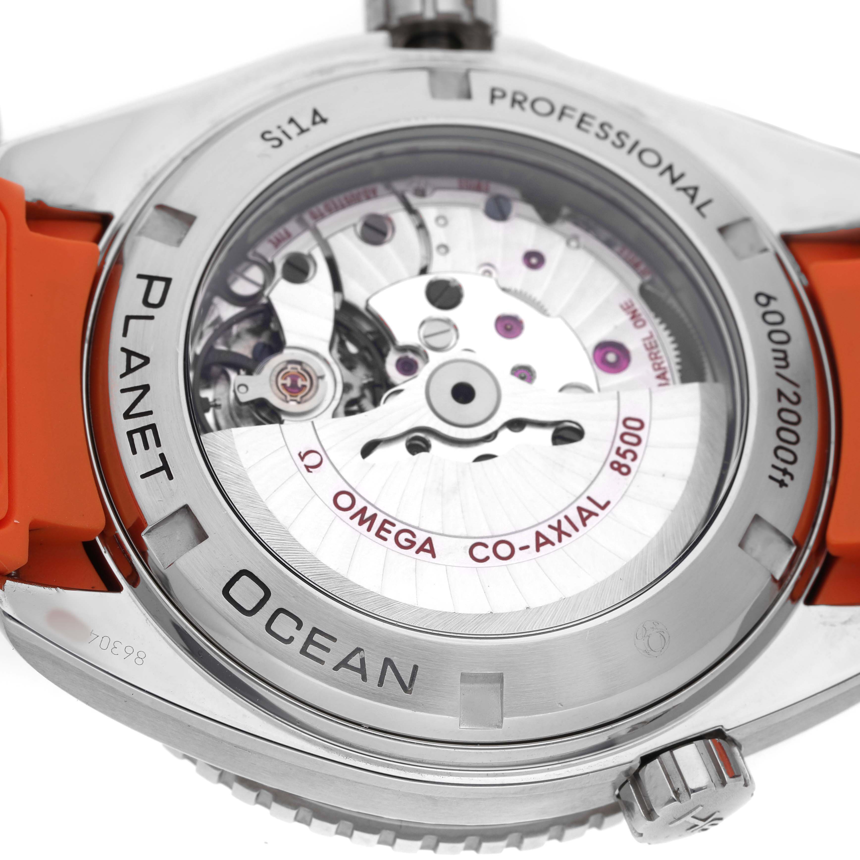 The image shows the back of an Omega Planet Ocean 232.30.46.21.01.002 Men's Stainless Steel Black Dial watch, highlighting its movement and transparent case back.