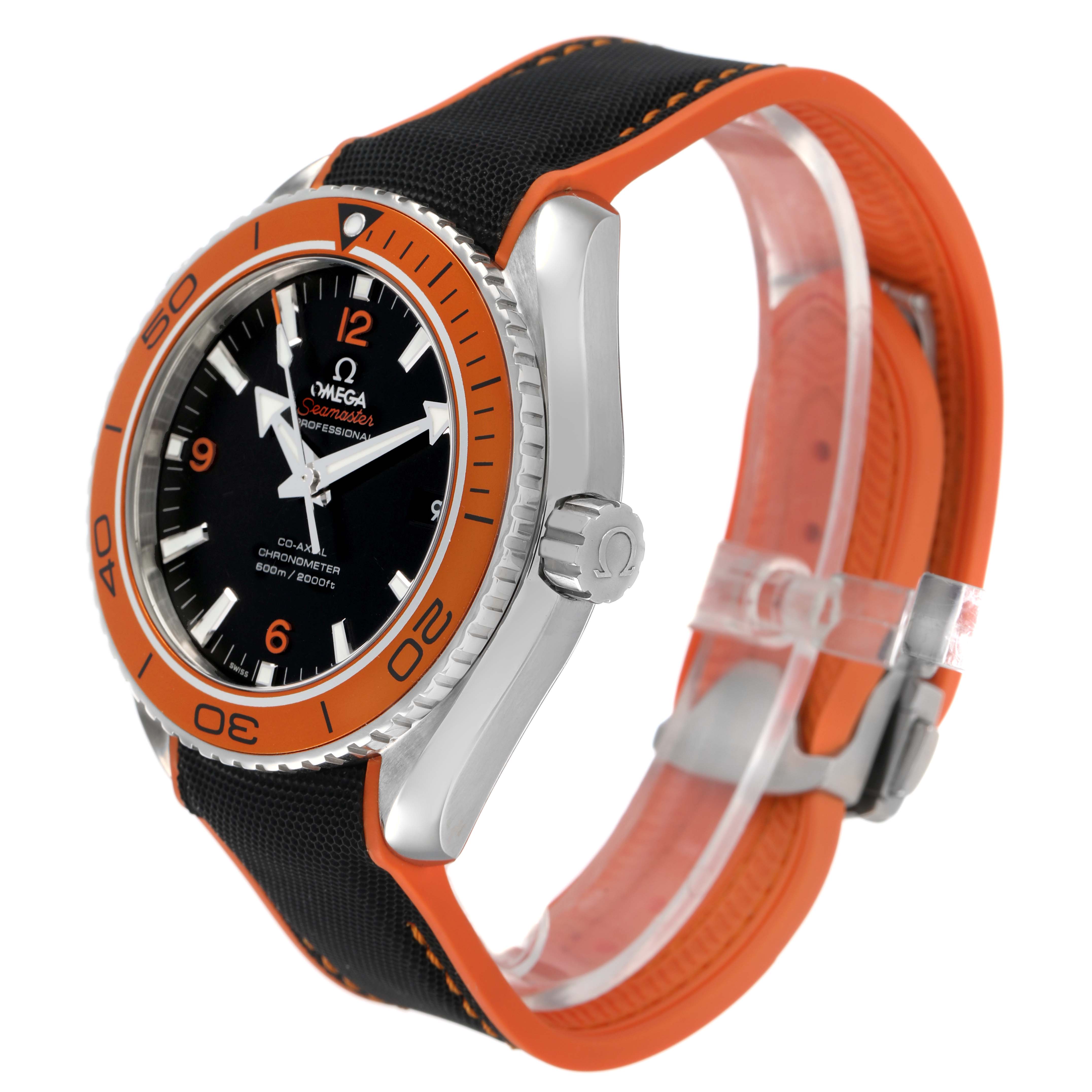 The Omega Planet Ocean 232.30.46.21.01.002 Men's Stainless Steel Black Dial watch is shown at a three-quarter angle, highlighting the bezel, dial, crown, and strap.