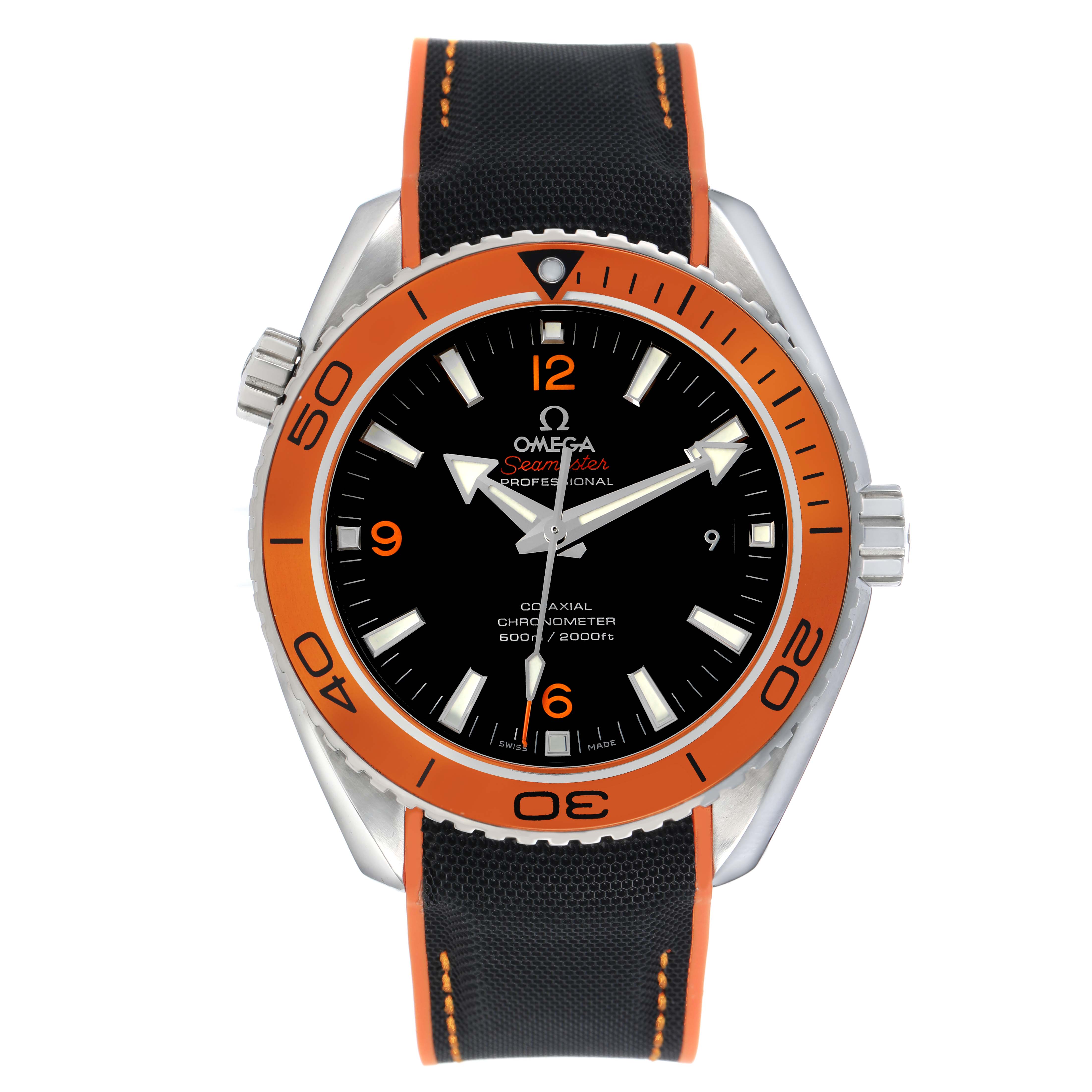 The Omega Planet Ocean 232.30.46.21.01.002 Men's Stainless Steel Black Dial watch is shown from the front, highlighting its orange bezel and strap, black dial, and crown.