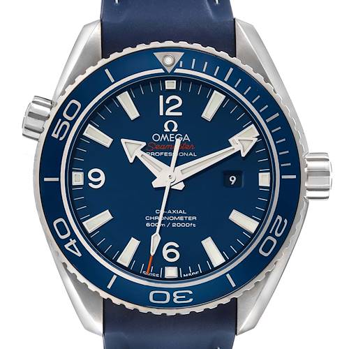 This image shows a frontal view of the Omega Planet Ocean 232.92.38.20.03.001 Men's Titanium Blue Dial watch, featuring its dial, bezel, hands, and crown.