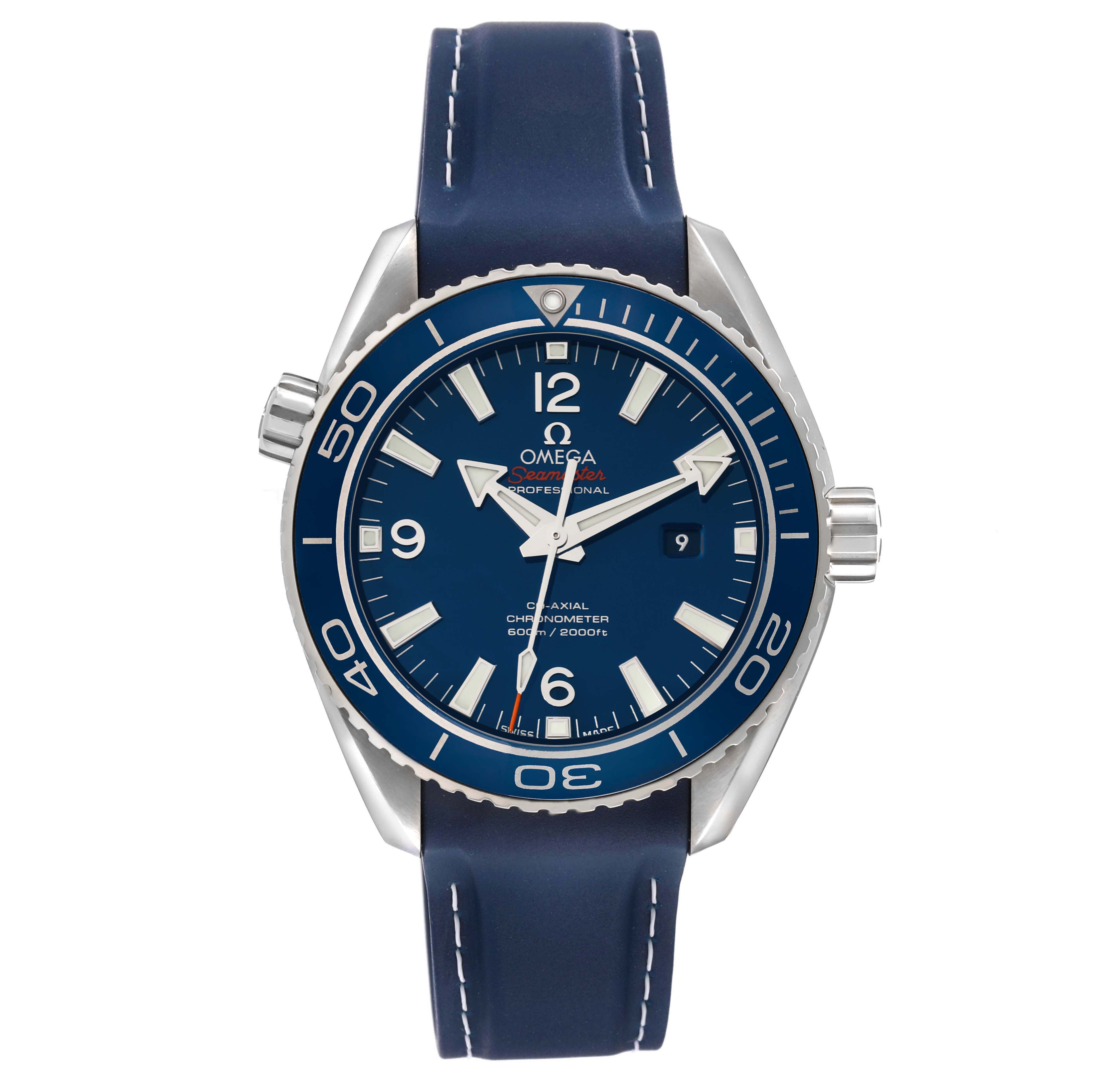 The Omega Planet Ocean 232.92.38.20.03.001 Men's Titanium Blue Dial watch is shown from the front, displaying its dial, bezel, crown, and blue strap.
