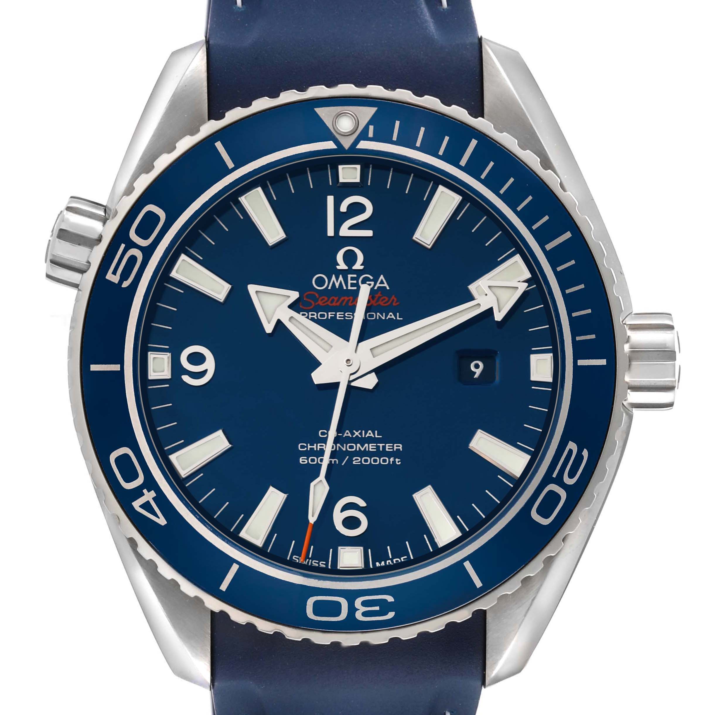 The Omega Planet Ocean 232.92.38.20.03.001 Men's Titanium Blue Dial watch is shown from the front, highlighting the bezel, dial, and hands.