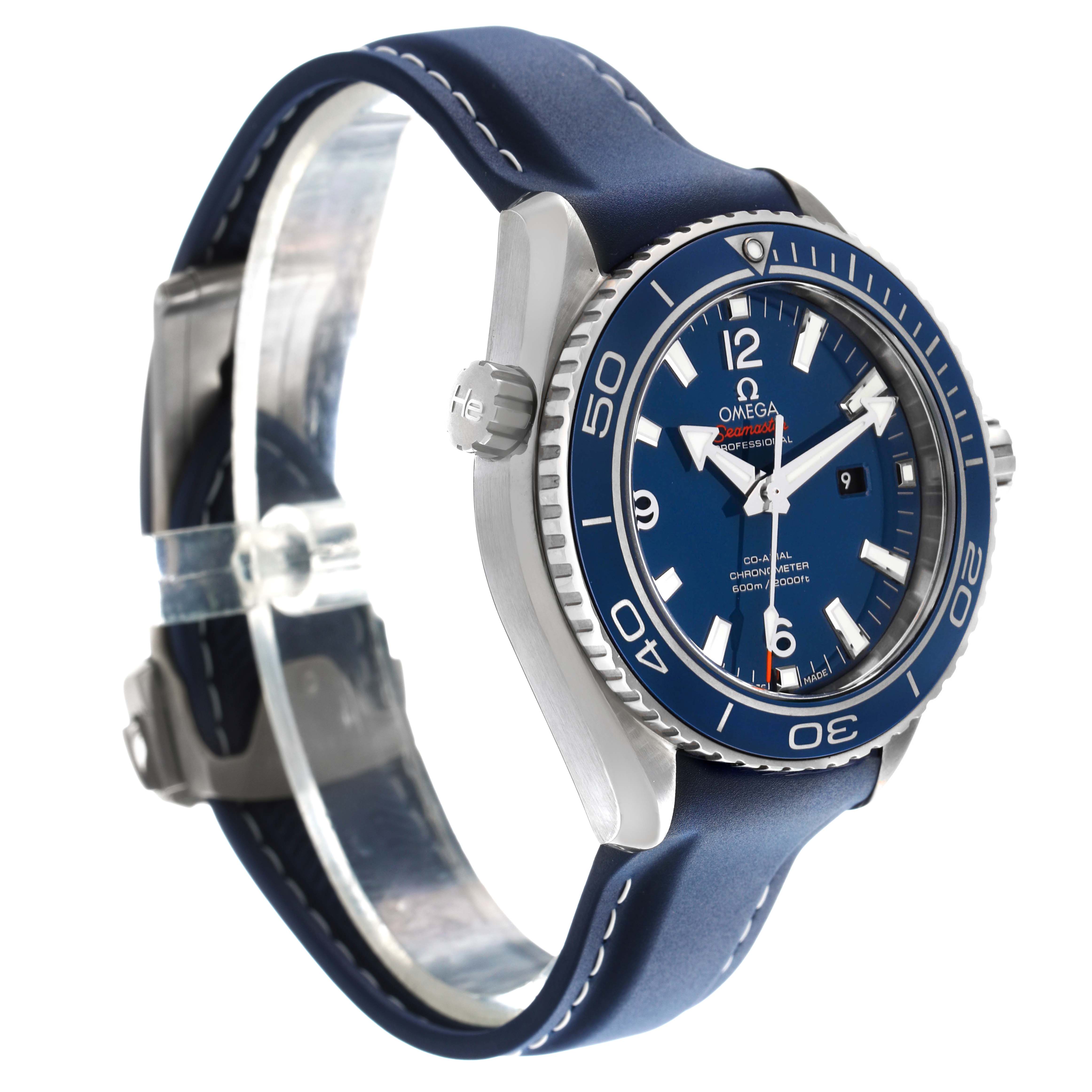 The Omega Planet Ocean 232.92.38.20.03.001 Men's Titanium Blue Dial watch is shown at a three-quarter angle, highlighting the bezel, crown, and blue strap.