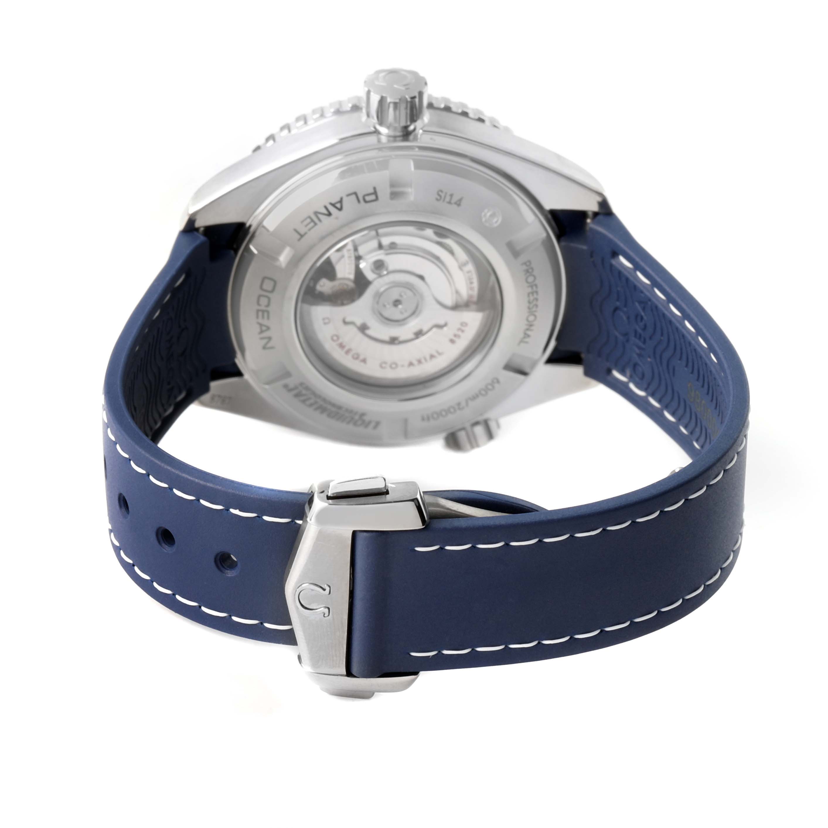 The Omega Planet Ocean 232.92.38.20.03.001 Men's Titanium Blue Dial watch is shown from the back, highlighting the case back, strap, and clasp with visible branding.