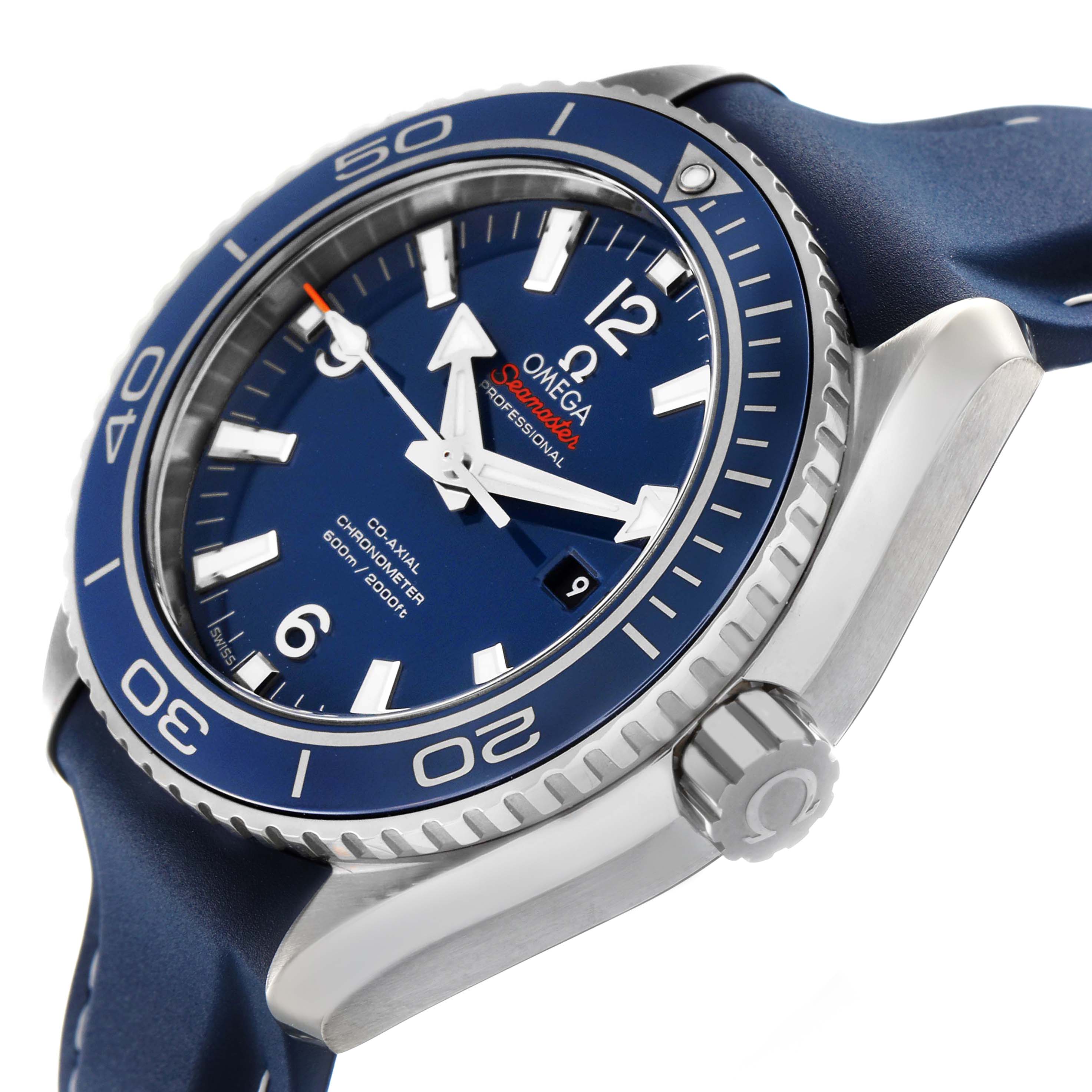 The Omega Planet Ocean 232.92.38.20.03.001 Men's Titanium Blue Dial watch is shown from a side-angle, displaying the face, bezel, crown, and part of the strap.